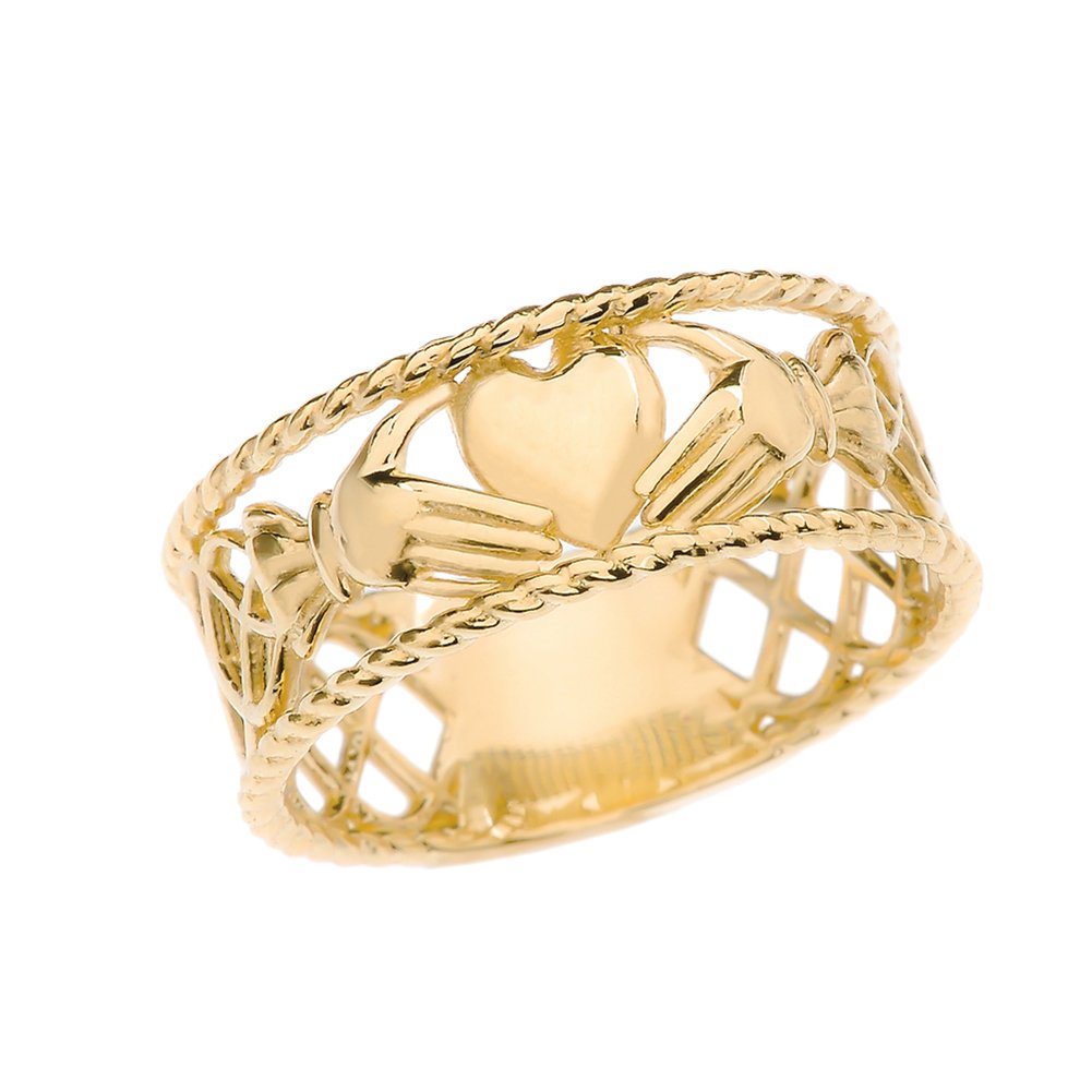 14K Yellow Gold Celtic Knot Claddagh Heart Rope Design Band Ring - Irish Wedding, Engagement & Promise Ring for Women & Men