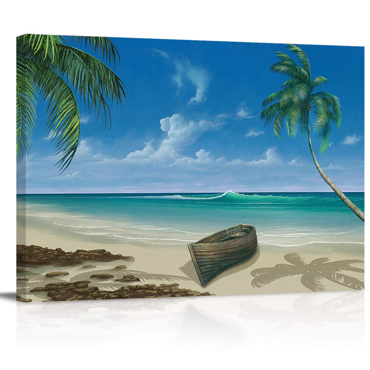 COLORSUM Summer Beach Wall Art - 28''x20'' Stretched Canvas Painting of Palm Trees & Ocean Boat, Ready to Hang for Living Room, Bedroom, Kitchen Decor | Coastal Home Decor & Vacation House Wall Art