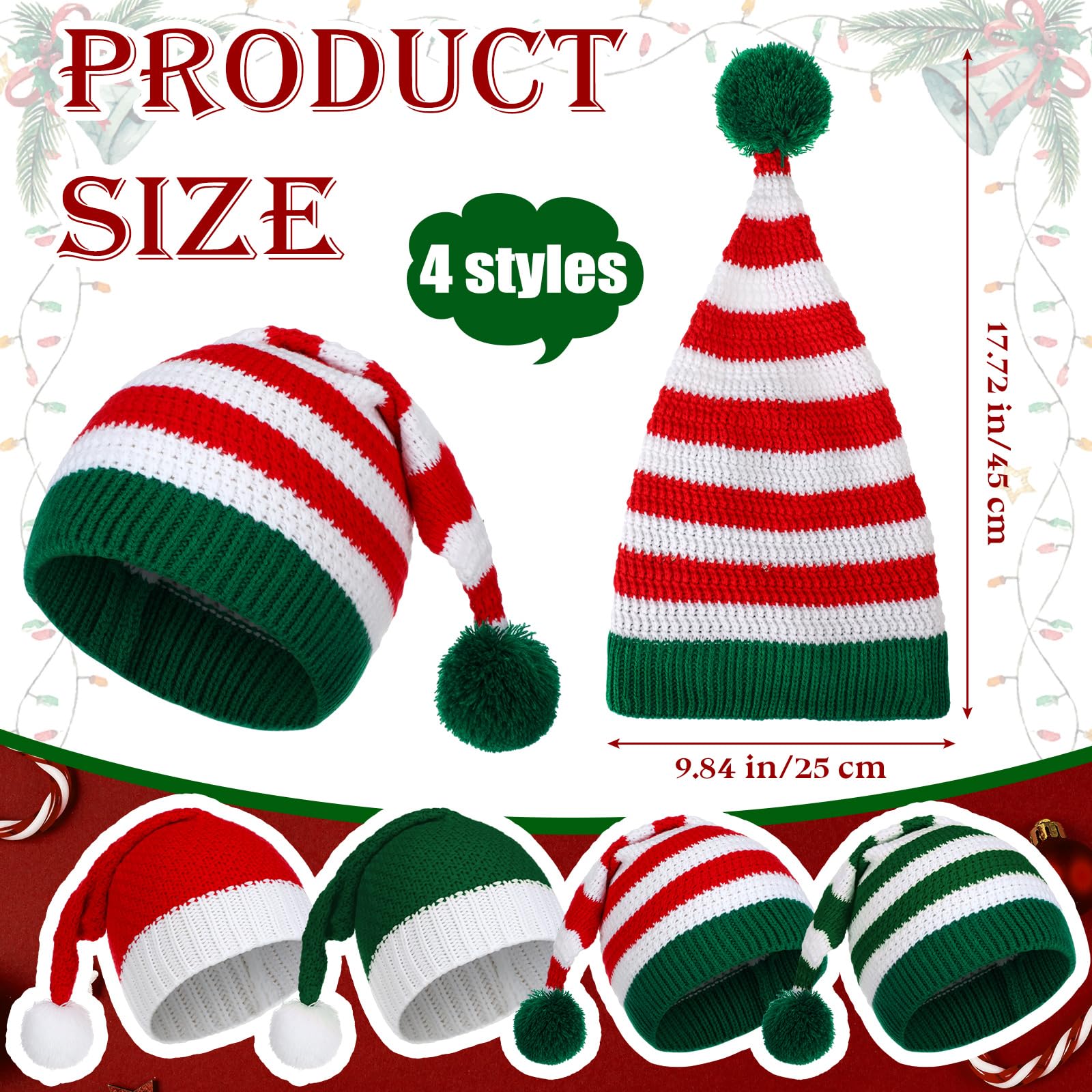 Funtery 6-Pack Christmas Knitted Elf Hats - Bulk Crochet Santa Hats for Adults, Women & Men - Festive Holiday Beanies for Family Matching Outfits - Perfect for Christmas Parties, Gift Exchanges & Winter Photo Shoots