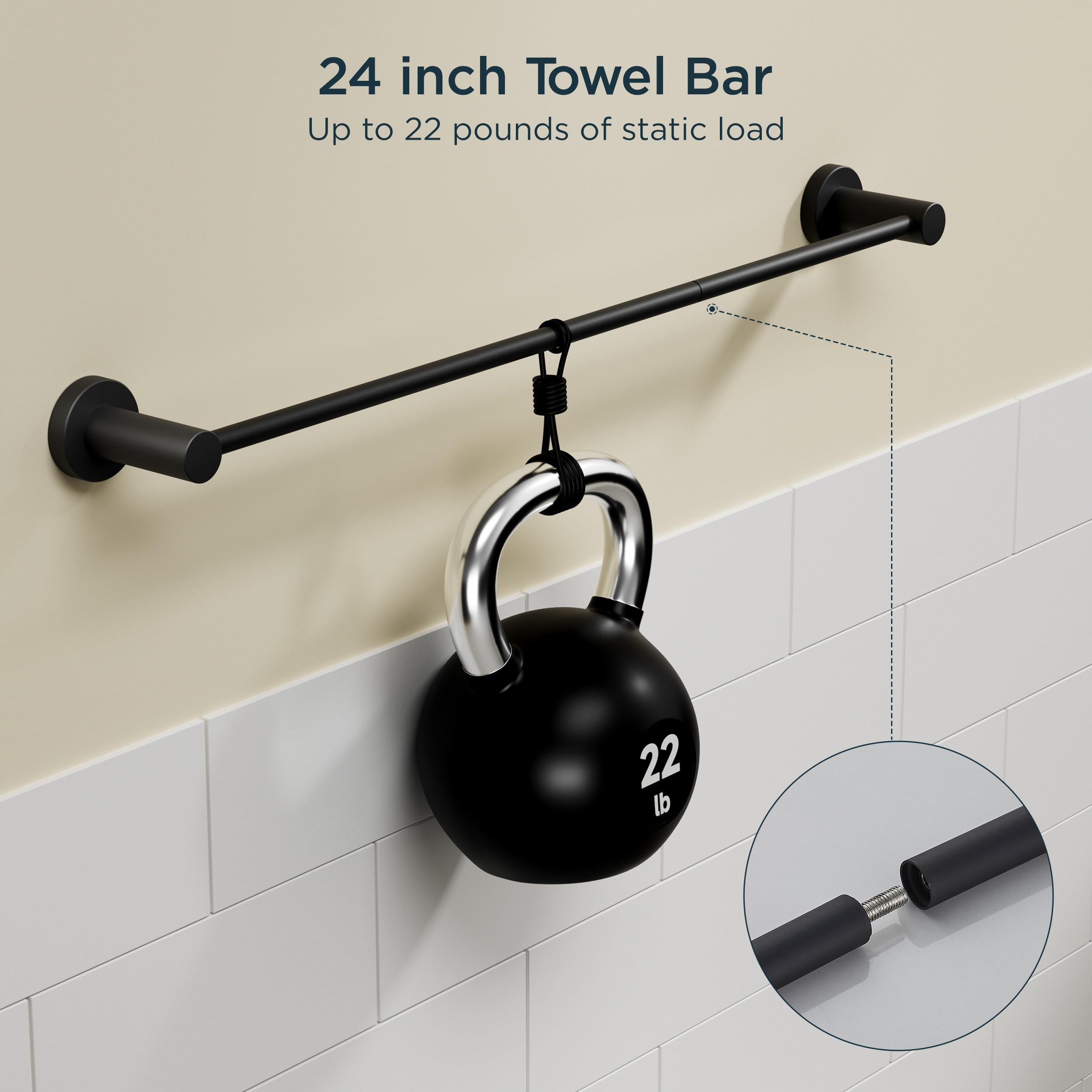 FORIOUS 8-Piece Bathroom Hardware Set - 24 Inch SUS304 Thickened Stainless Steel Towel Bar Holder, Modern Wall Mounted Towel Rack in Matte Black - Perfect for Bathroom, Spa & Guest Room Organization