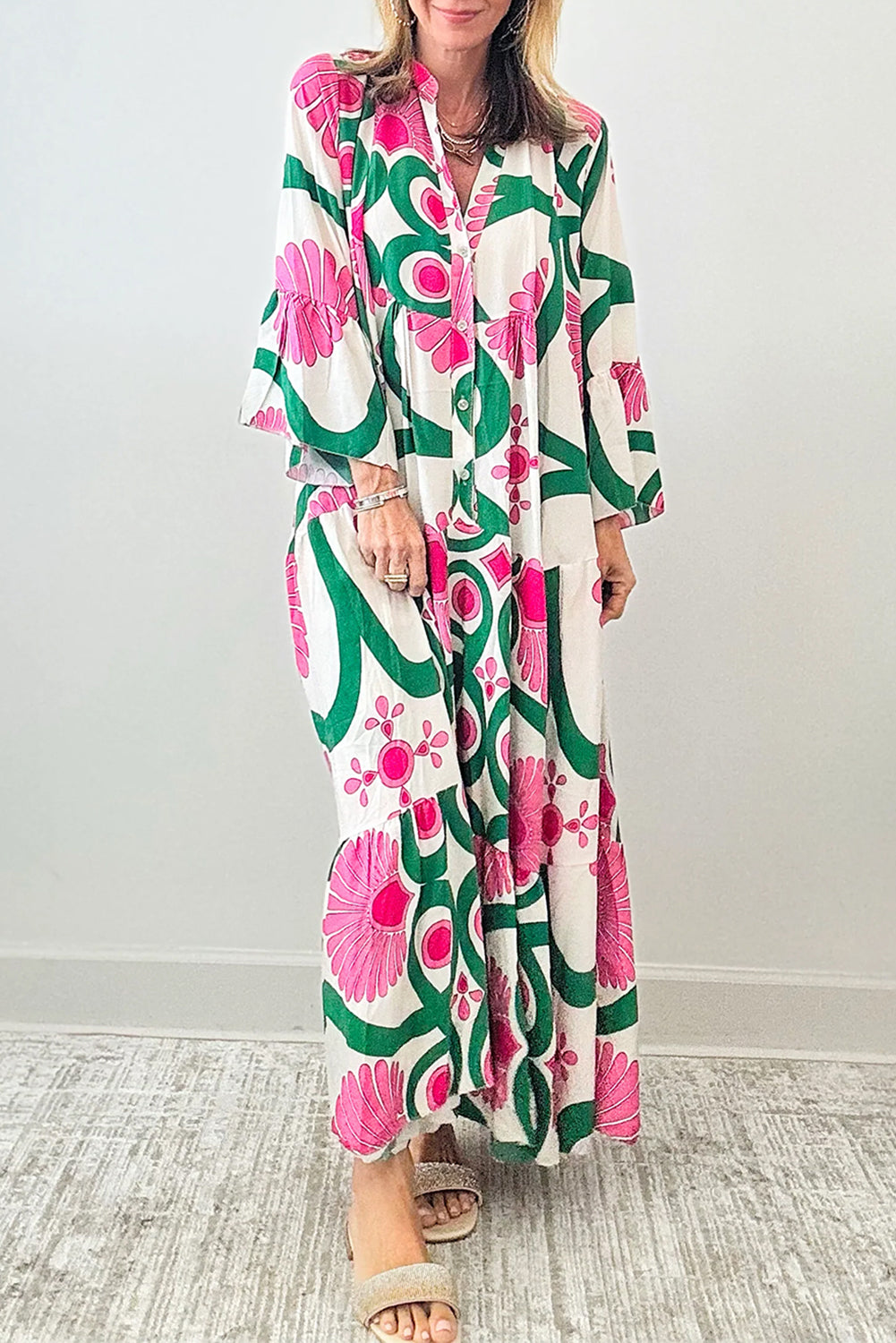 Floral Printed Notched Long Sleeve Maxi Dress for Women - Elegant Boho Style Party & Wedding Guest Dress