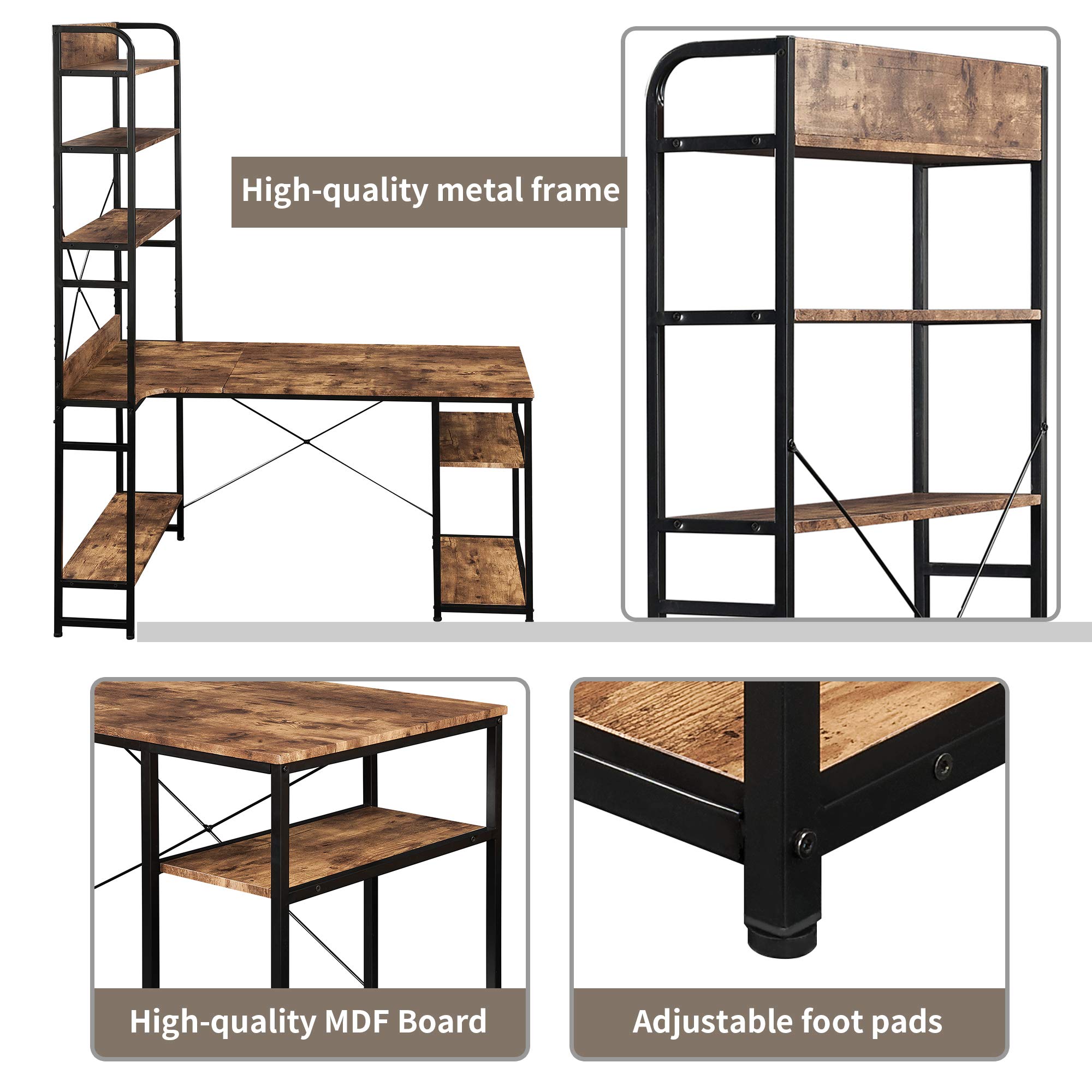 L Shaped Corner Desk with 5-Tier Bookshelf - Home Office Computer Desk, Sturdy Steel Frame & MDF Workstation for Writing, Gaming, Study - Perfect for Small Spaces, Dorm Rooms & Home Offices