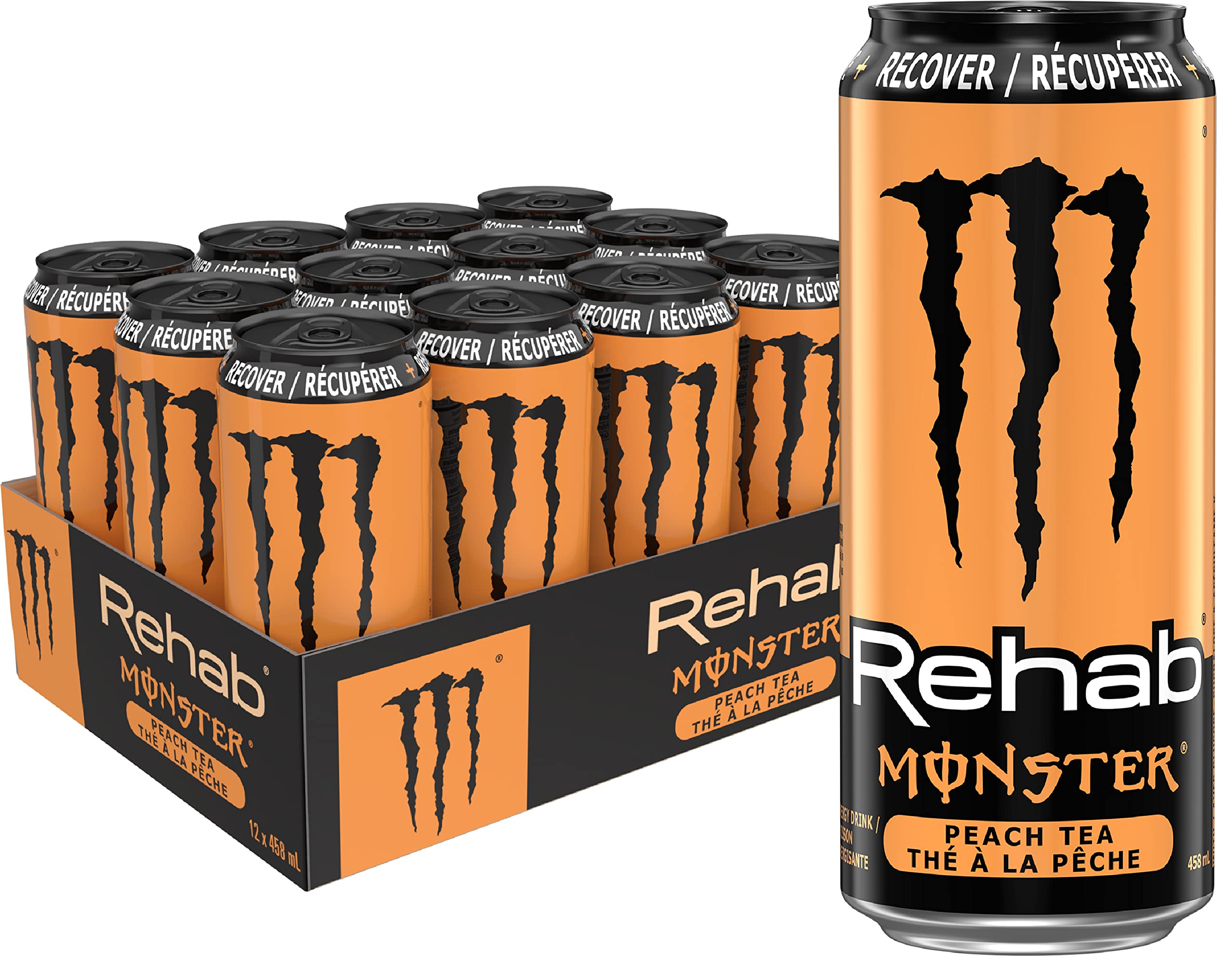 Monster Energy Rehab Peach Tea - 12 Pack of 458mL Cans | Refreshing Energy Drink for Workouts, Gaming & Outdoor Activities