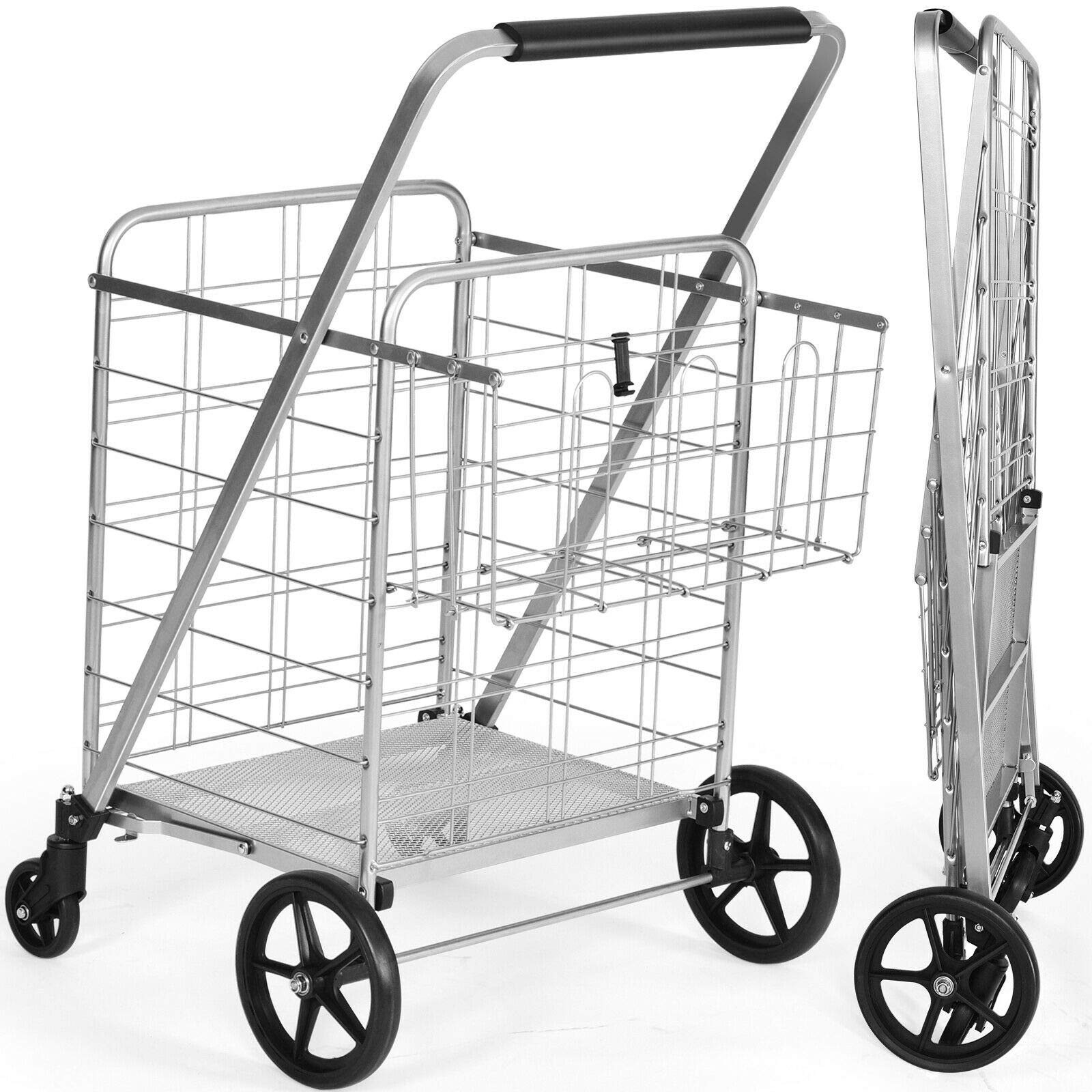 Silver Folding Grocery Shopping Cart - Heavy Duty Steel Rolling Utility Cart with Spacious Front Basket & Extra Back Basket - Perfect for Grocery Shopping, Laundry, Gardening & Outdoor Use