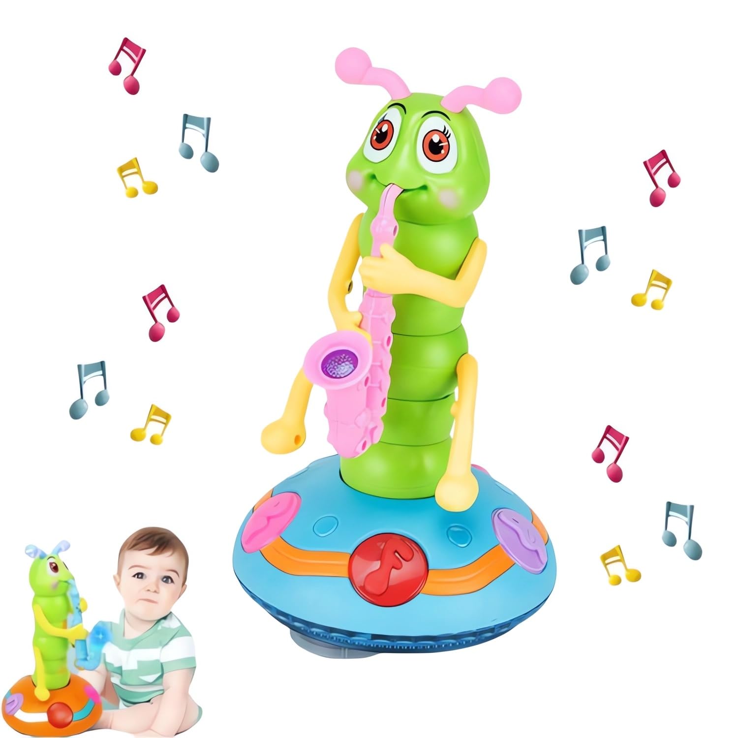 Electric Dancing Saxophone Caterpillar Toy with Music & LED Lights - Automatic Obstacle Avoidance Educational Toy for Toddlers - Early Learning Musical Gift for Kids (Pink) | Perfect for Birthday Parties, Preschool Learning & Sensory Play