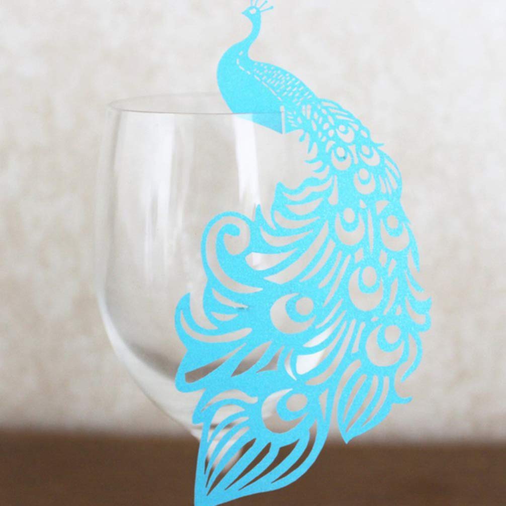 100pcs Elegant Peacock Glass Place Cards - Wine Glass Markers for Christmas Parties, Weddings & Events - Funny Drink Markers with Hollow Paper Inserts - Perfect for Table Settings, Name Cards & Business Cards