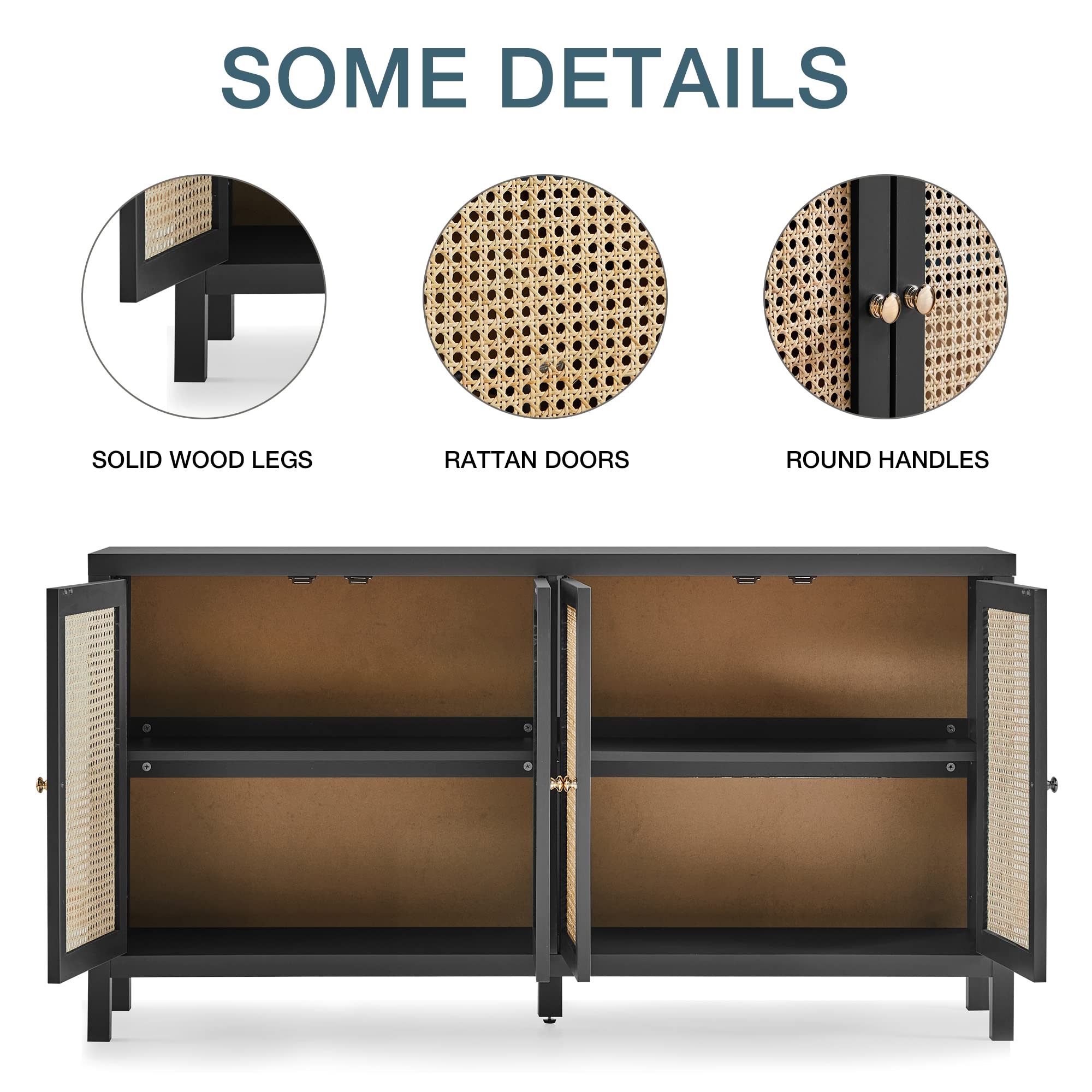 QHITTY 4-Door Rattan Sideboard Buffet Cabinet with Adjustable Shelves - Storage Console Table for Kitchen, Dining Room, Living Room & Hallway - Perfect for Organizing Dishes, Linens & Home Decor (Black)