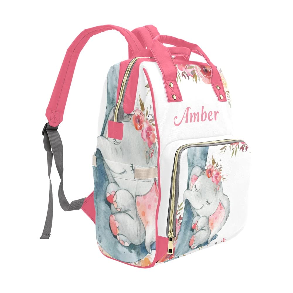 Personalized Elephant Red Flower Diaper Backpack - Waterproof Baby Nursing Travel Bag with Name Tag | Perfect Baby Shower Gift for New Moms | Ideal for Daycare, Park Outings & Family Trips