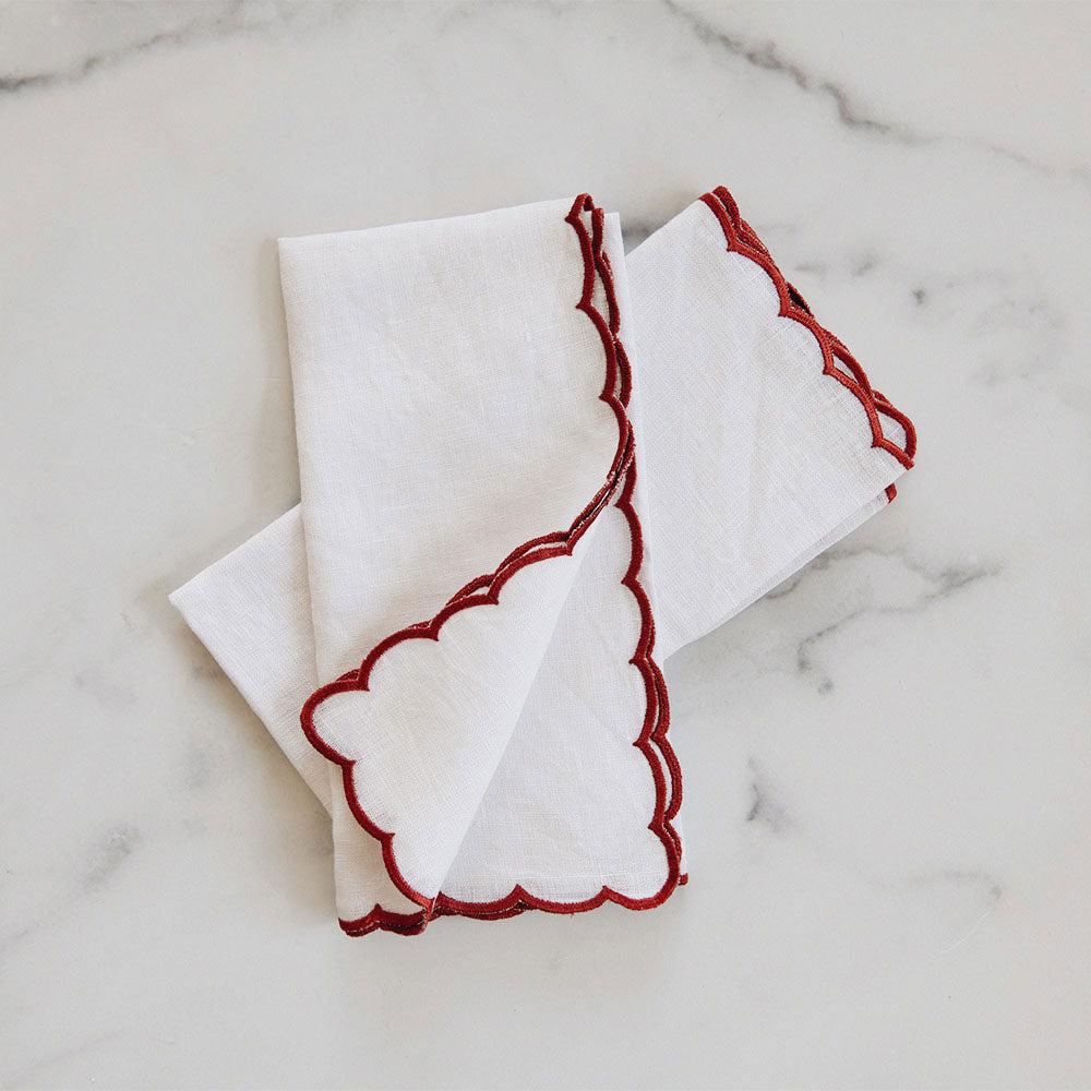 Premium Scallop Edge Linen Napkin Set - 12-Piece Red Cotton Table Napkins for Elegant Dining, Parties & Home Decor