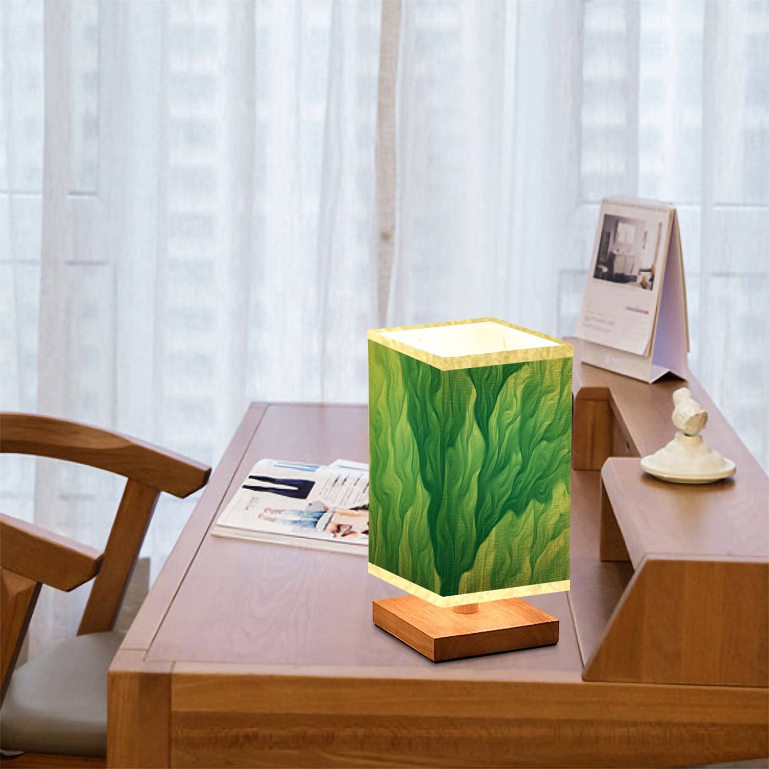Square Dimmable Bedside Table Lamp with Green Seaweed Abstract Fractal Art Design, Wooden Base & Flaxen Fabric Shade - Modern Nightstand Lamp for Bedroom, Living Room, Office | Perfect for Reading, Relaxing & Ambient Lighting