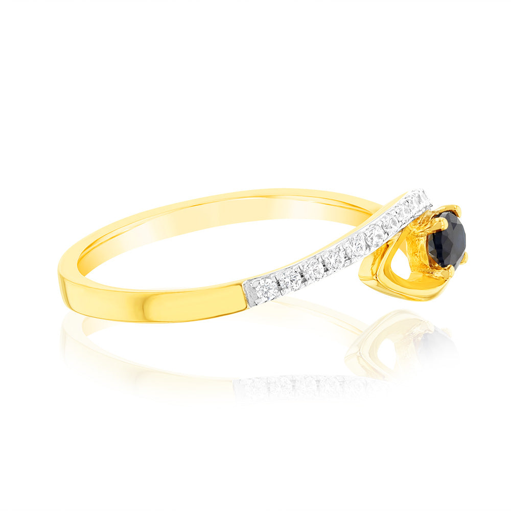 9ct Yellow Gold 0.27ct Created Sapphire & 16 Cubic Zirconia Ring for Women - Elegant Birthstone Jewelry Gift for Anniversary, Engagement or Special Occasions