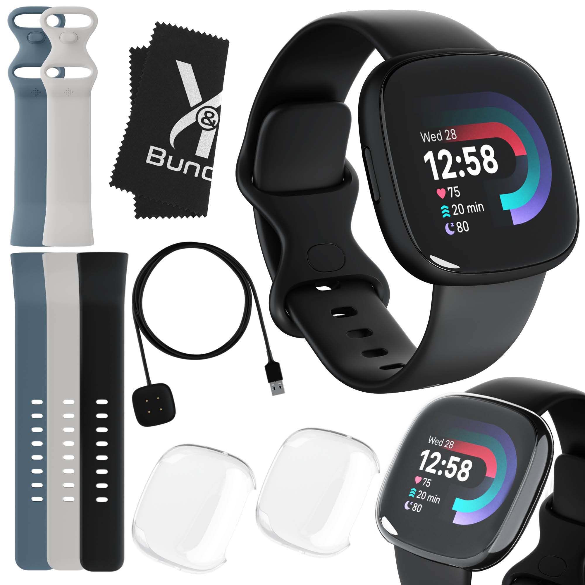 Fitbit Versa 4 Smart Watch (Black) with GPS, 6-Day Battery Life - Health & Fitness Tracker for Women & Men | Includes S & L Bands, Blue & White Replacement Bands, 2 Screen Protectors, Charger & Cleaning Cloth | Perfect for Running, Swimming & Daily Activity Tracking
