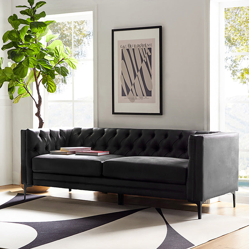 84'' Vegan Leather Tufted Sofa - Modern Faux Leather Couch for Living Room, Office & Lounge - Comfortable Mid-Century Style Sectional with Button Tufting