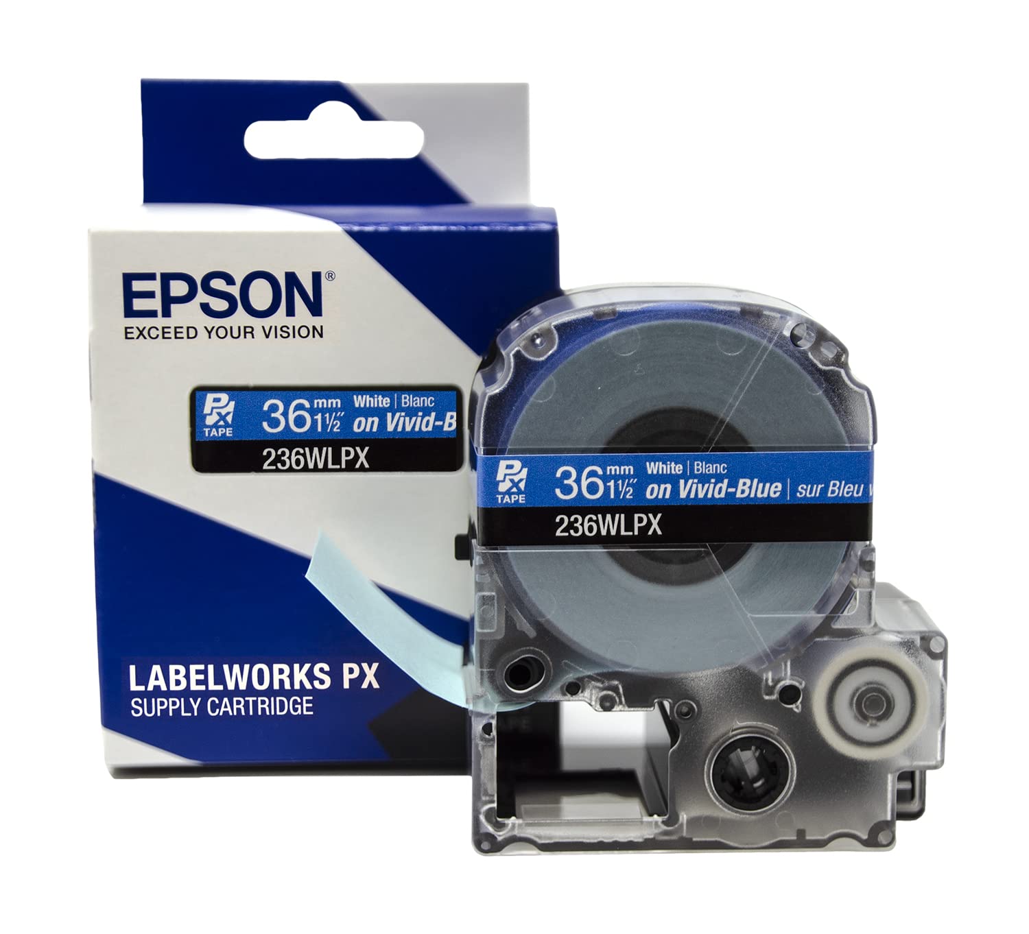 Epson LABELWORKS 236WLPX PET Polyester Tape Cartridge - White on Blue Label Maker Tape - 1.5