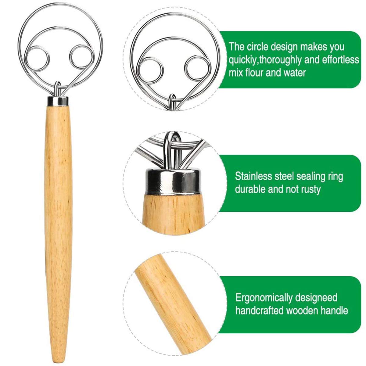 DBAILY 3-Piece Danish Dough Whisk Set - Stainless Steel Pastry Mixer with Wooden Handle for Baking Bread, Cakes, Pies & Pizza - Perfect for Home Bakers & Professional Chefs (Ideal for Sourdough, Desserts, Pastry Making)