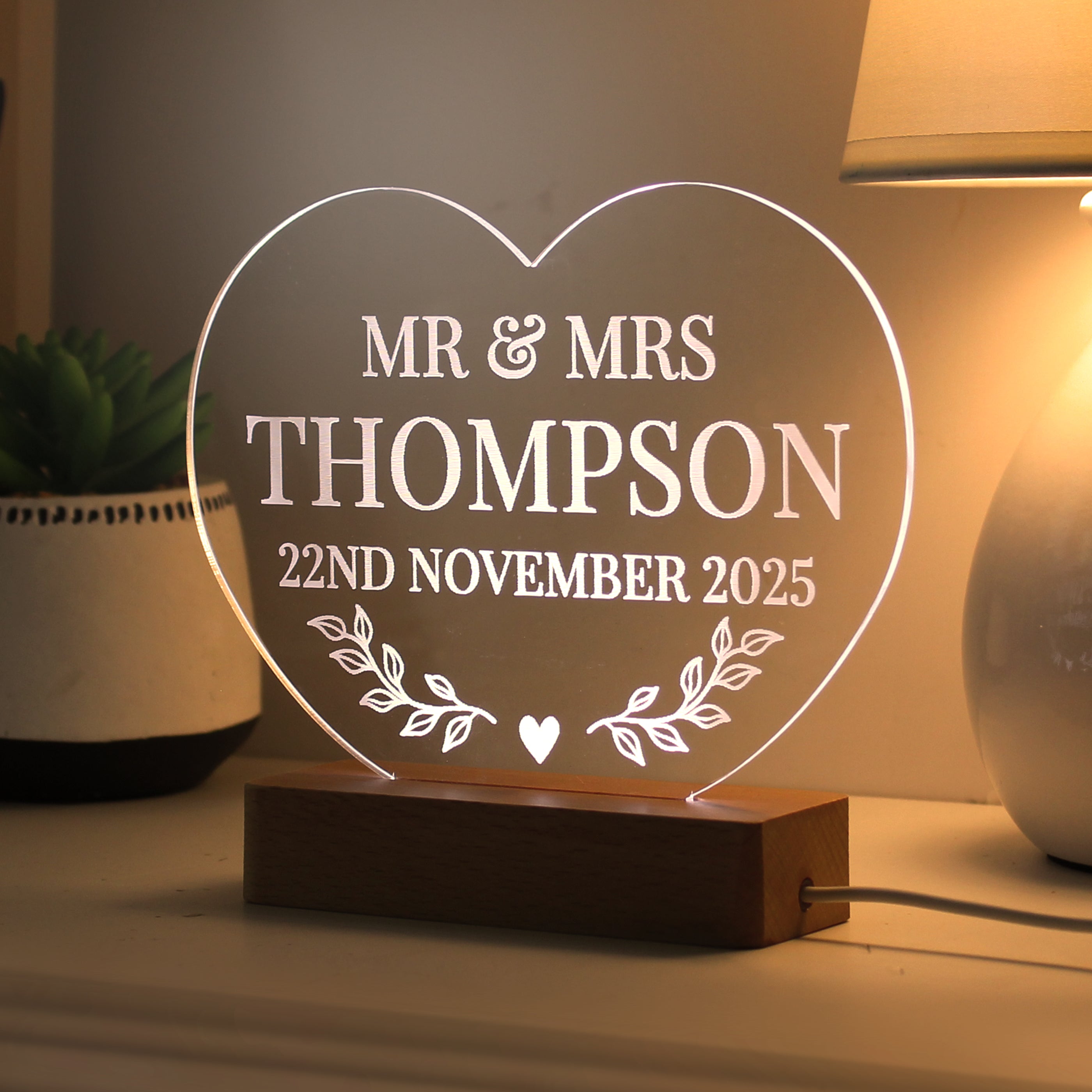 Personalized Wedding Acrylic Heart LED Light - Custom Name & Date - Romantic Anniversary Gift for Couples - Perfect for Wedding Decor, Anniversary Celebration & Bedroom Night Light