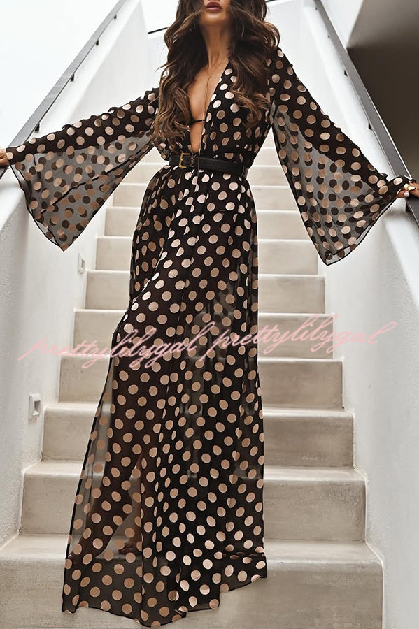 Polka Dot Print Maxi Dress with Drawstring Waist - Beach Cover Up for Women | Summer Vacation, Pool Party & Resort Wear