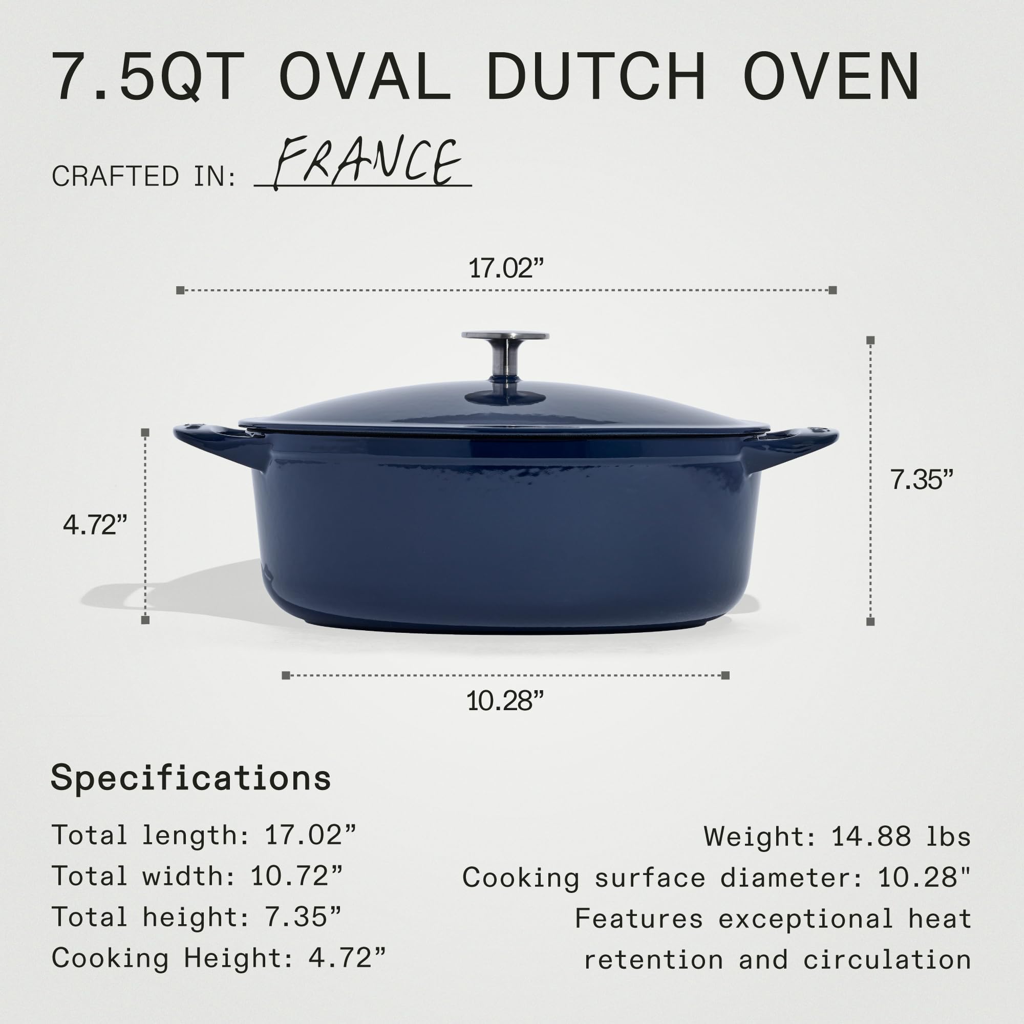Premium Enameled Cast Iron Dutch Oven 7.5 Quart - Blue Oval French Cookware with Superior Heat Retention - Induction Compatible & Durable - Professional Kitchen Essential for Baking, Roasting, and Slow Cooking - Made in France