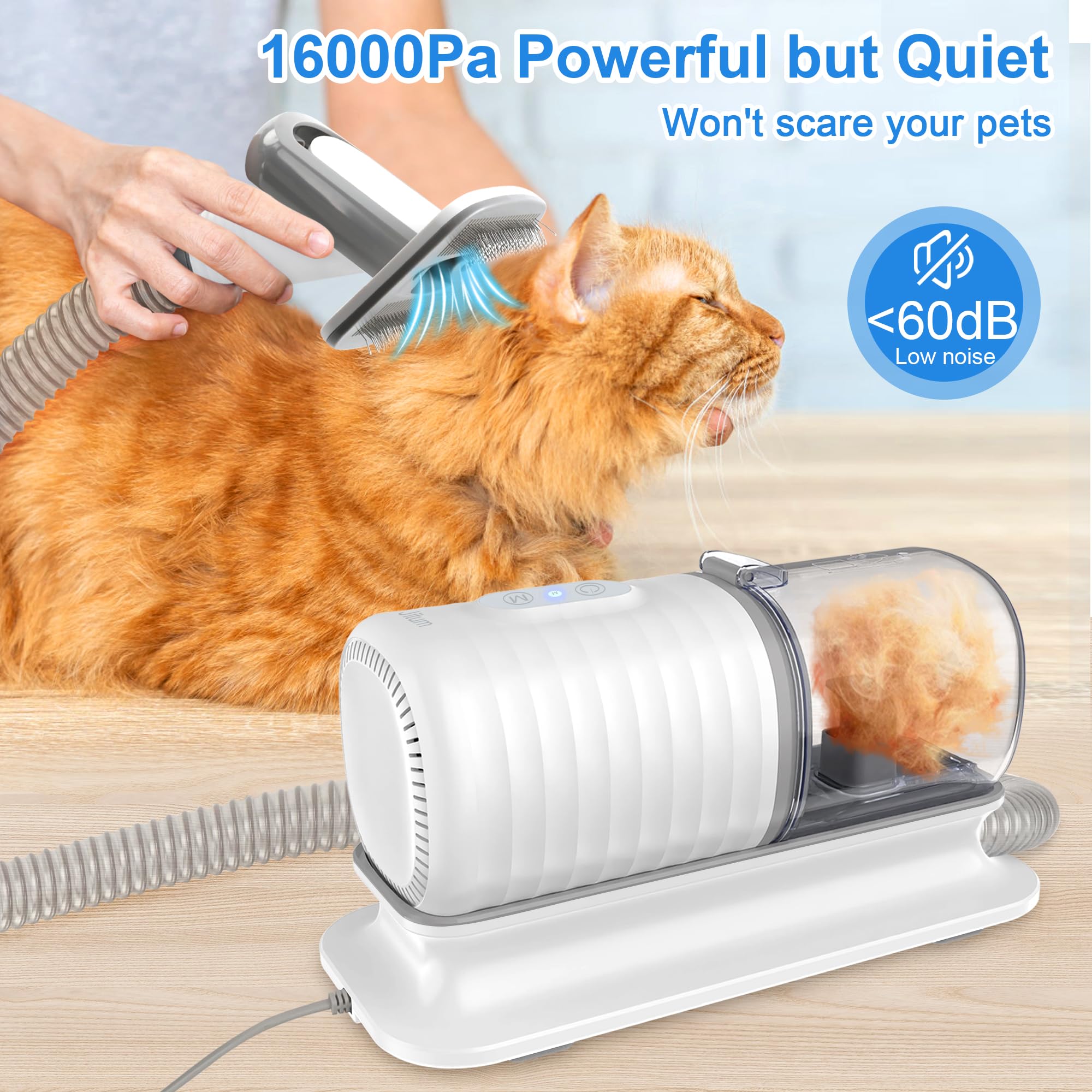 **16000Pa Powerful Dog Grooming Vacuum Kit – 99% Pet Hair Suction with 4 Grooming Tools, 1.5L Dust Cup & Low Noise Clippers for Dogs & Cats – Perfect for Shedding Control & Home Pet Care**