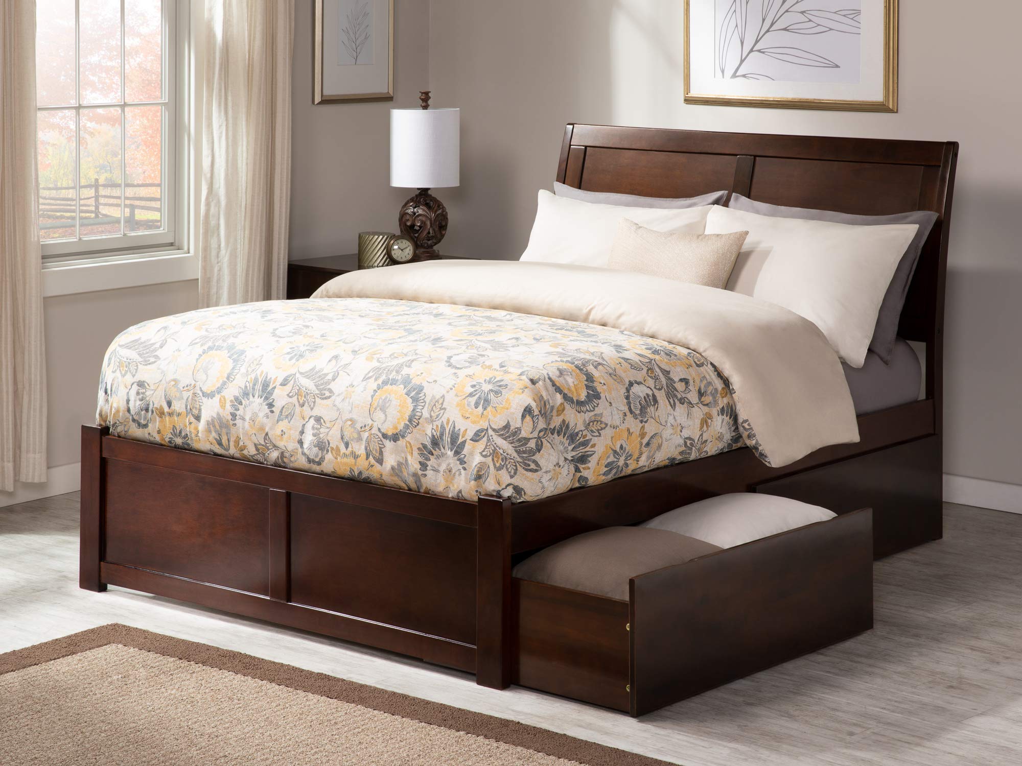 AFI Portland Queen Size Platform Bed Frame with Footboard & 4 Storage Drawers - Solid Walnut Wood - Modern Bedroom Furniture for Small Spaces & Guest Rooms