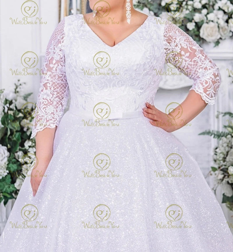 Sparkly Plus Size 3/4 Sleeve V-Neck Ball Gown Wedding Dress for Women - Elegant Bridal Gown for Church, Beach & Formal Weddings