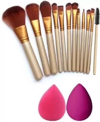NS Creation 12-Piece Professional Face & Eye Makeup Brush Set with 2 Puffs - Complete Cosmetic Brush Kit for Foundation, Blending, Contouring & Eyeshadow Application - Perfect for Makeup Artists & Beginners