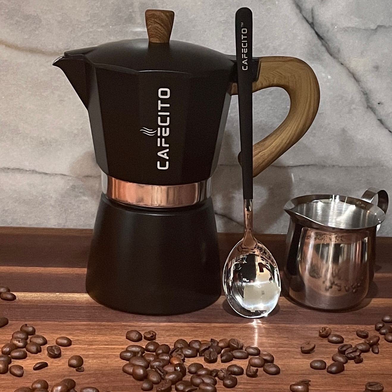 Cuban Coffee Starter Kit - 6 Cup Moka Pot Stovetop Espresso Maker with Anti-Splash Valve | Authentic Cafecito & Cafetera Cubana Set | Perfect for Home Brewing, Camping & Gifts