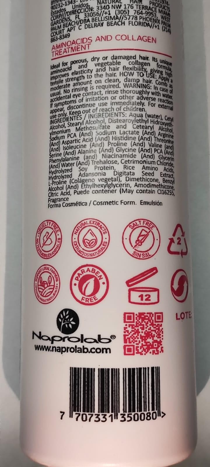 Naprolab Natural Hair Amino Acids & Collagen Treatment for Strength & Elasticity - 6.8oz/200ml | Repairing Hair Mask for Damaged, Dry & Frizzy Hair - Perfect for Salon & Home Hair Care Routine
