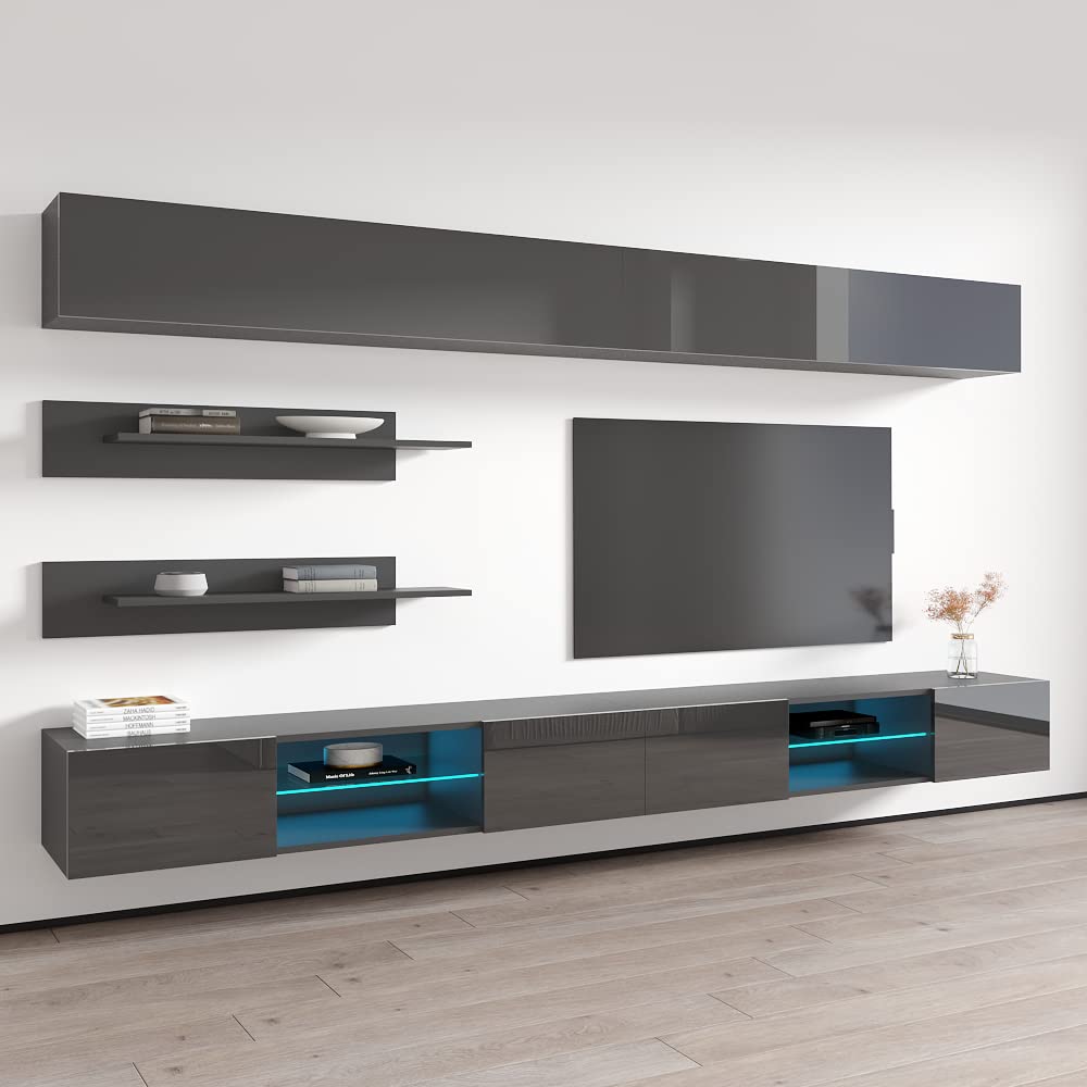 Modern Gray Wall-Mounted TV Stand with Storage Shelves & LED Lights - Floating Entertainment Center Console for Living Room & Bedroom - Perfect for Small Spaces & Home Theater Setups