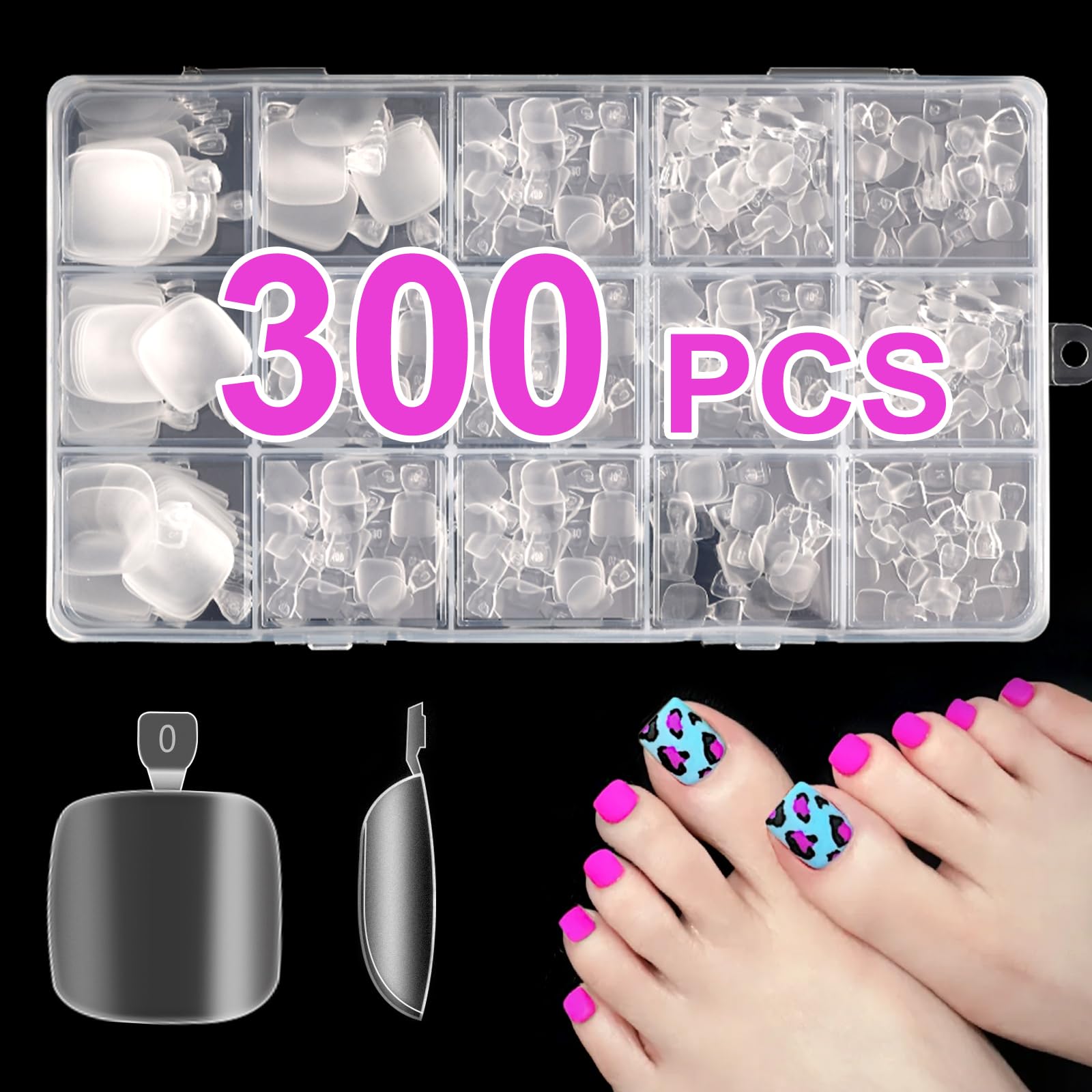 300 Pcs Press On Toe Nails - Short Square Fake Nails with Soft Gel Tips, 15 Sizes for Salon-Quality Manicures & Pedicures | Perfect for Nail Extensions, Home Use, Parties & Special Occasions