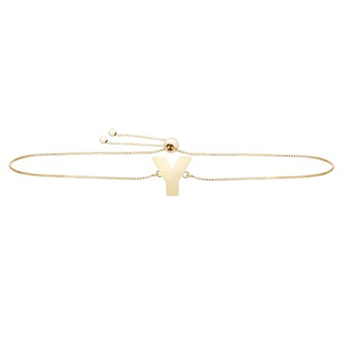 14K Solid Yellow Gold Letter A Adjustable Block Initial Bolo Bracelet - Friendship Jewelry with Drawstring Clasp (9.25