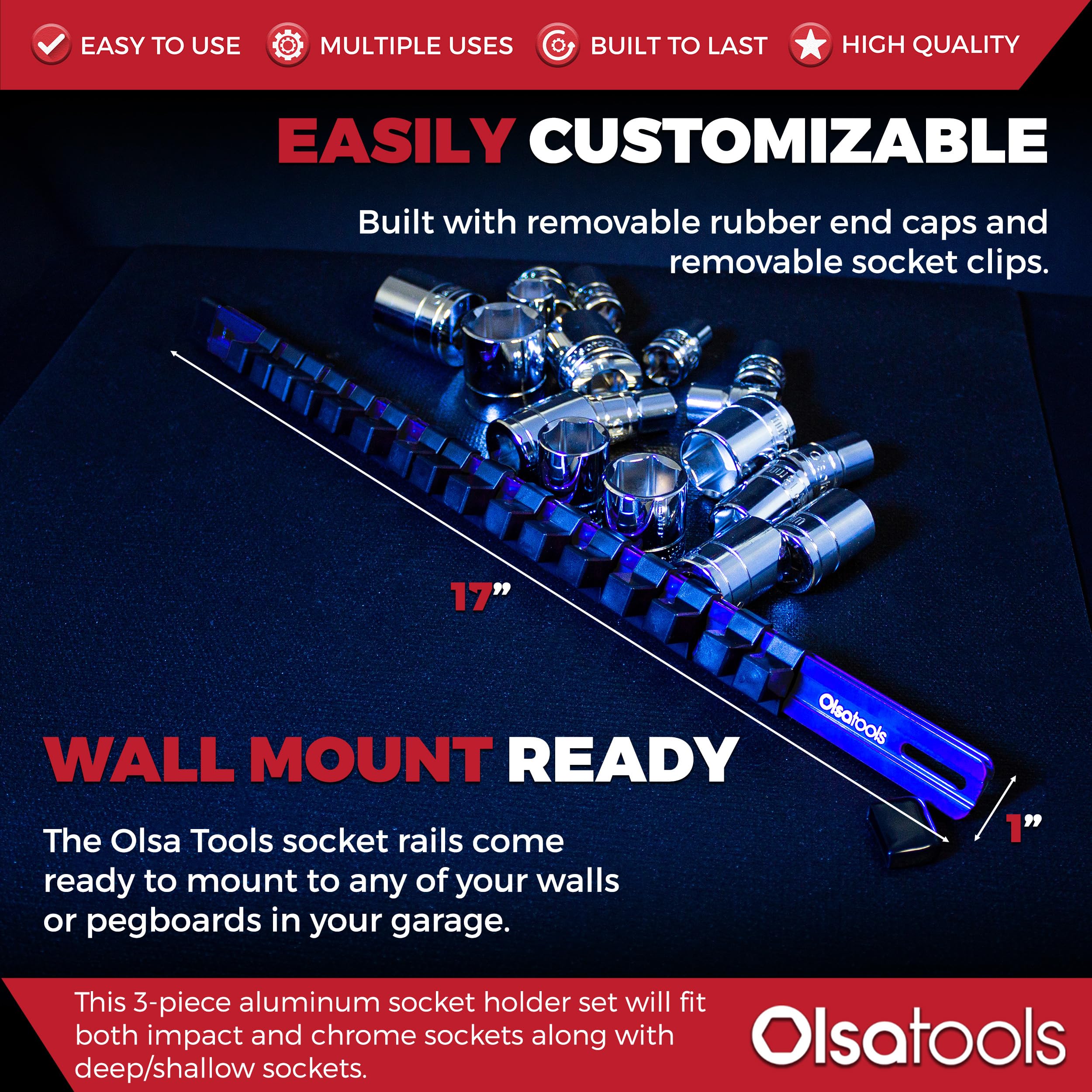 Olsa Tools 3-Piece Blue Socket Organizer Set - 1/2