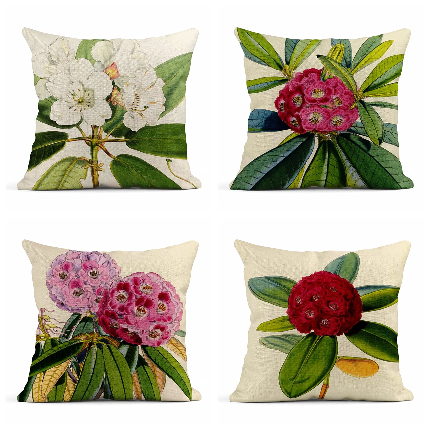 Set of 4 18x18 Inch Linen Throw Pillow Covers - Summer Rhododendron Floral Design for Sofa, Bed & Couch | Home Decor Square Cushion Covers | Perfect for Living Room, Bedroom & Outdoor Furniture