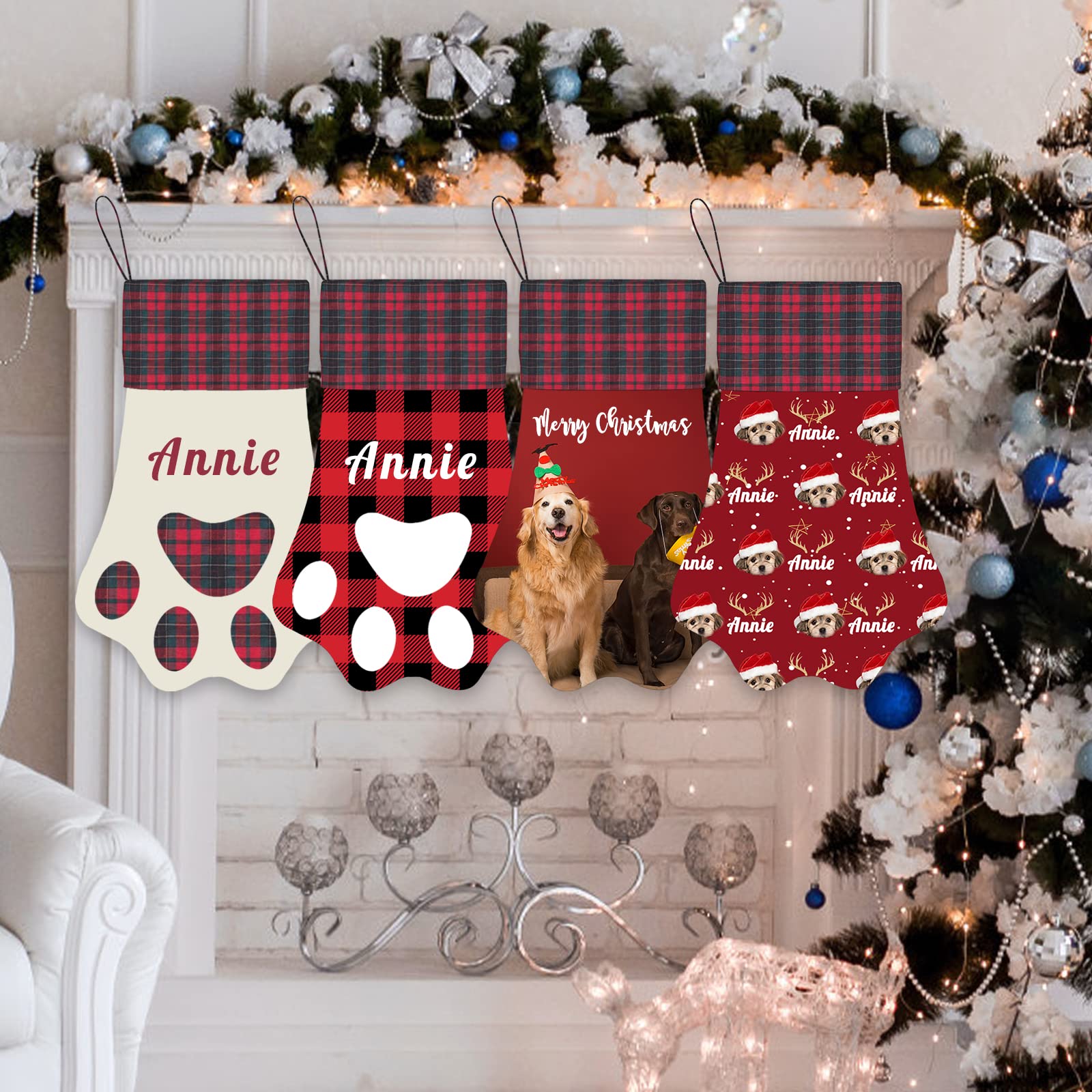 **Custom Personalized Christmas Stockings for Dogs & Cats - Large 17 Inch Paw Shape Pet Stocking with Name & Photo - Handmade Xmas Hanging Candy Bag for Holiday Decor & Gift Giving**