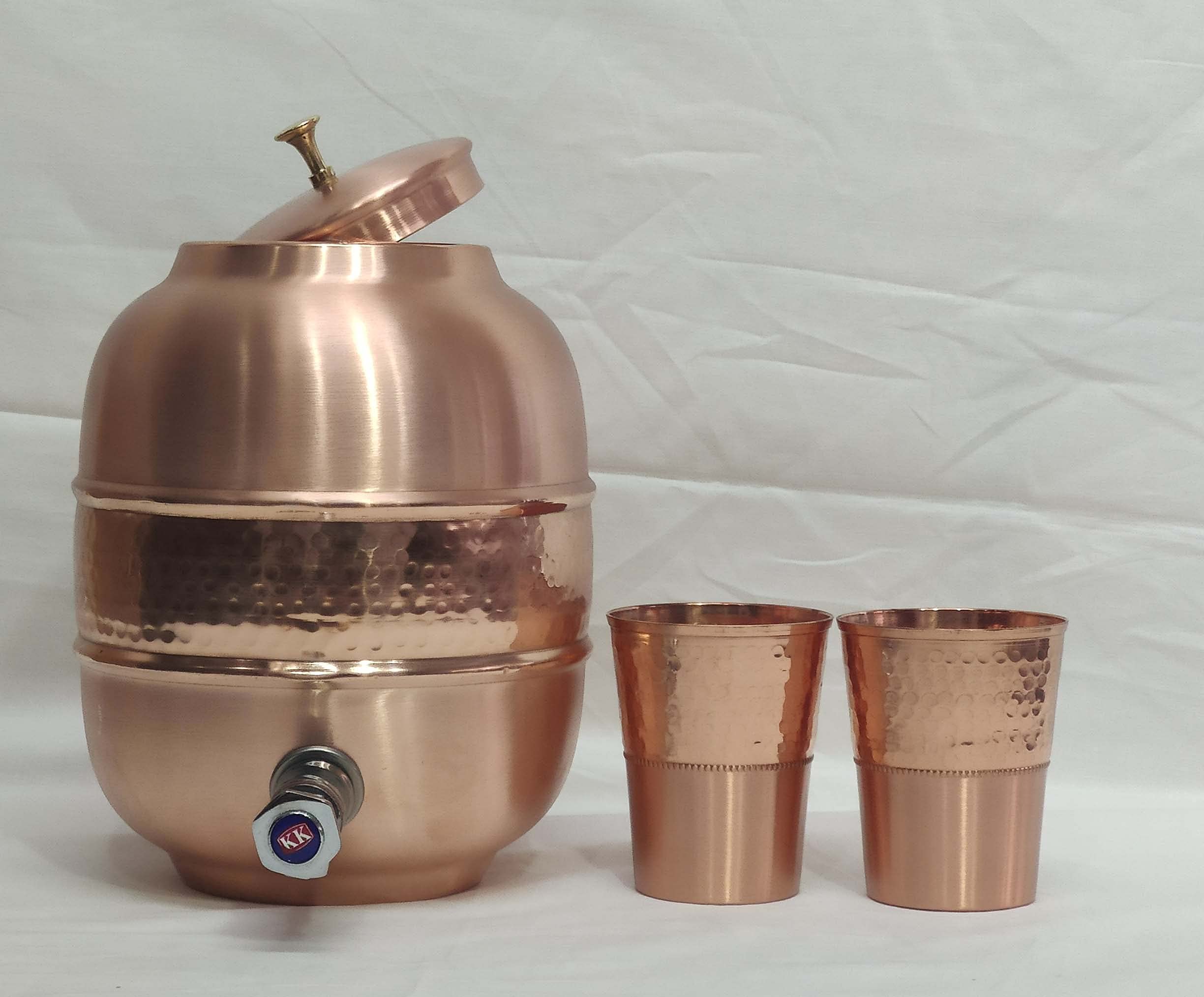 Handcrafted Hammered Copper Water Dispenser with Storage Tank & 2 Glasses - Traditional Fiber Design - Perfect for Home, Office & Outdoor Use
