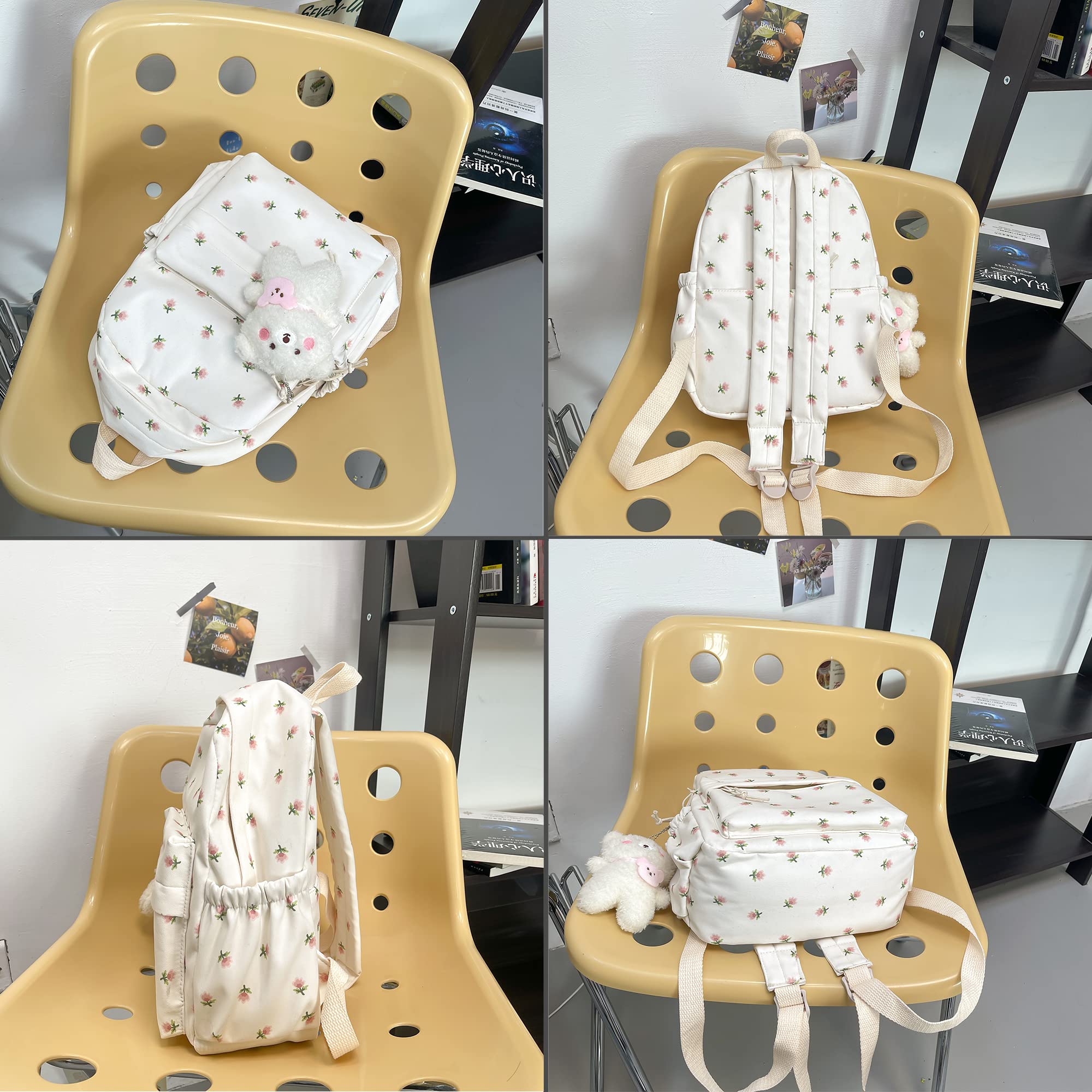 Kawaii Floral Backpack with Pendant - 12.2 Inch Cute Aesthetic Medium School Bag for Women & Teens (White) - Perfect for School, Travel & Everyday Use