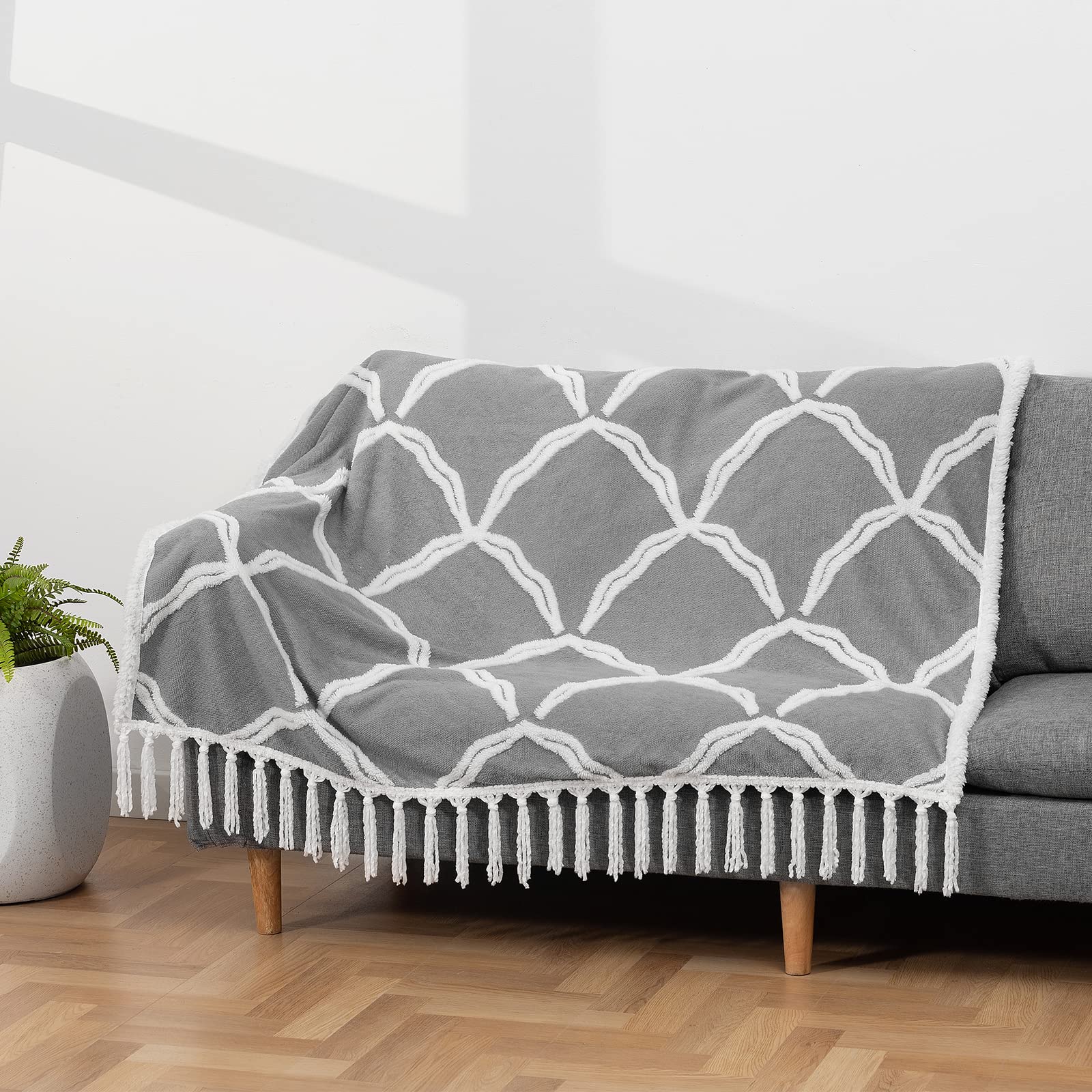 Sherpa Blanket Throw - Ultra Soft & Warm Winter Blanket for Bed, Couch, Sofa - Reversible 3D Jacquard Design with Tassels - Cozy Thick Fleece Blanket (50x60 Inches, Grey) - Perfect for Home, Office, Travel & Gifts