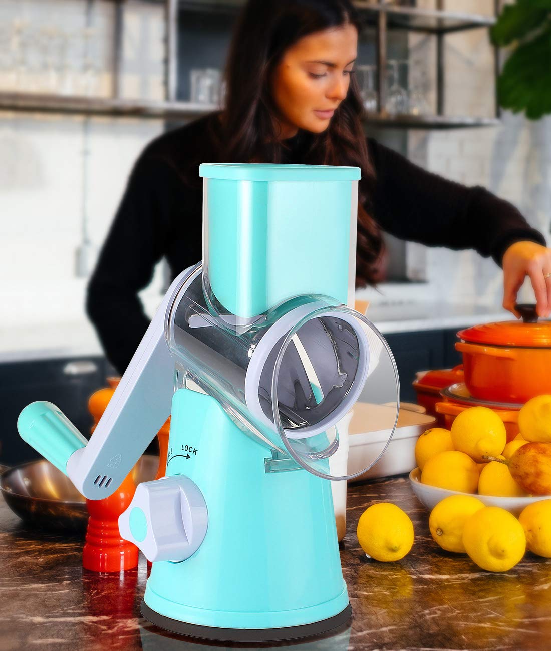 Rotary Cheese Grater - Manual Kitchen Shredder with 3 Interchangeable Blades | Safe Food Grinder for Nuts, Potato, Carrot, Garlic & Walnut | Perfect for Salads, Pasta, Pizza & Baking (Blue)