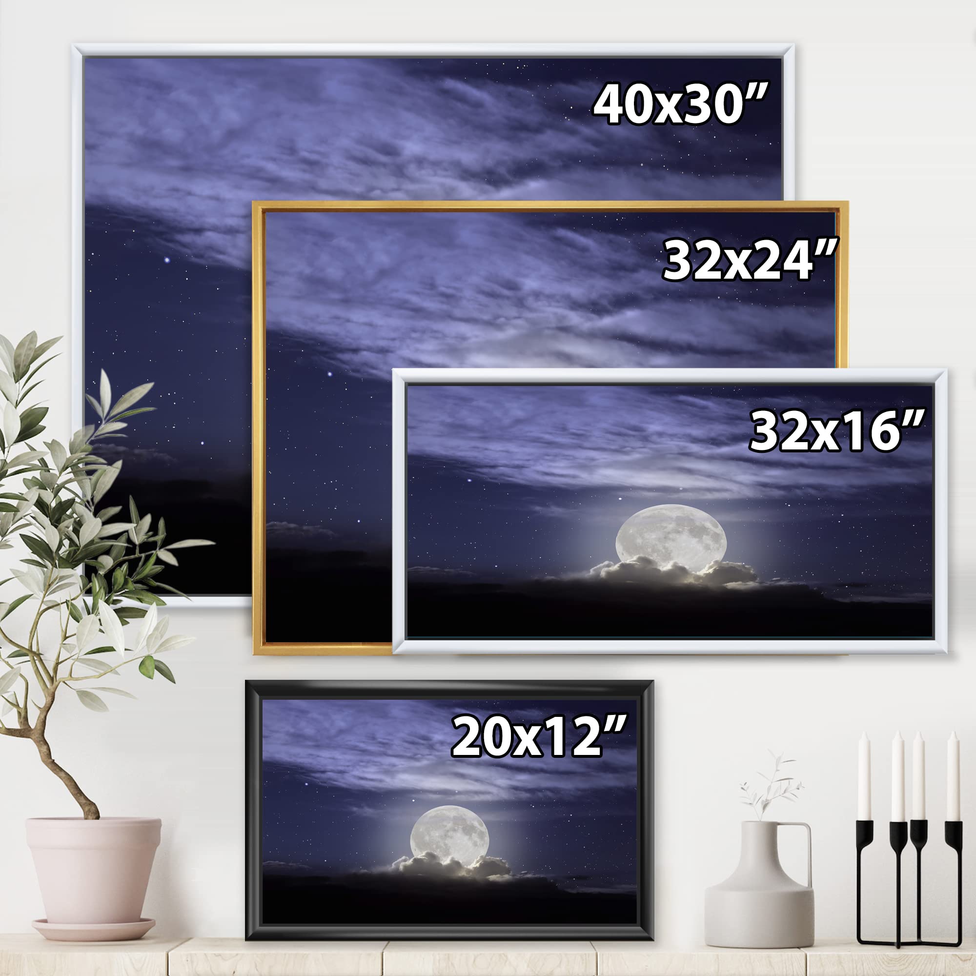 DesignQ Full Moon Rising in Cloudy Night - Coastal Framed Canvas Wall Art Print for Living Room, Bedroom & Office Decor