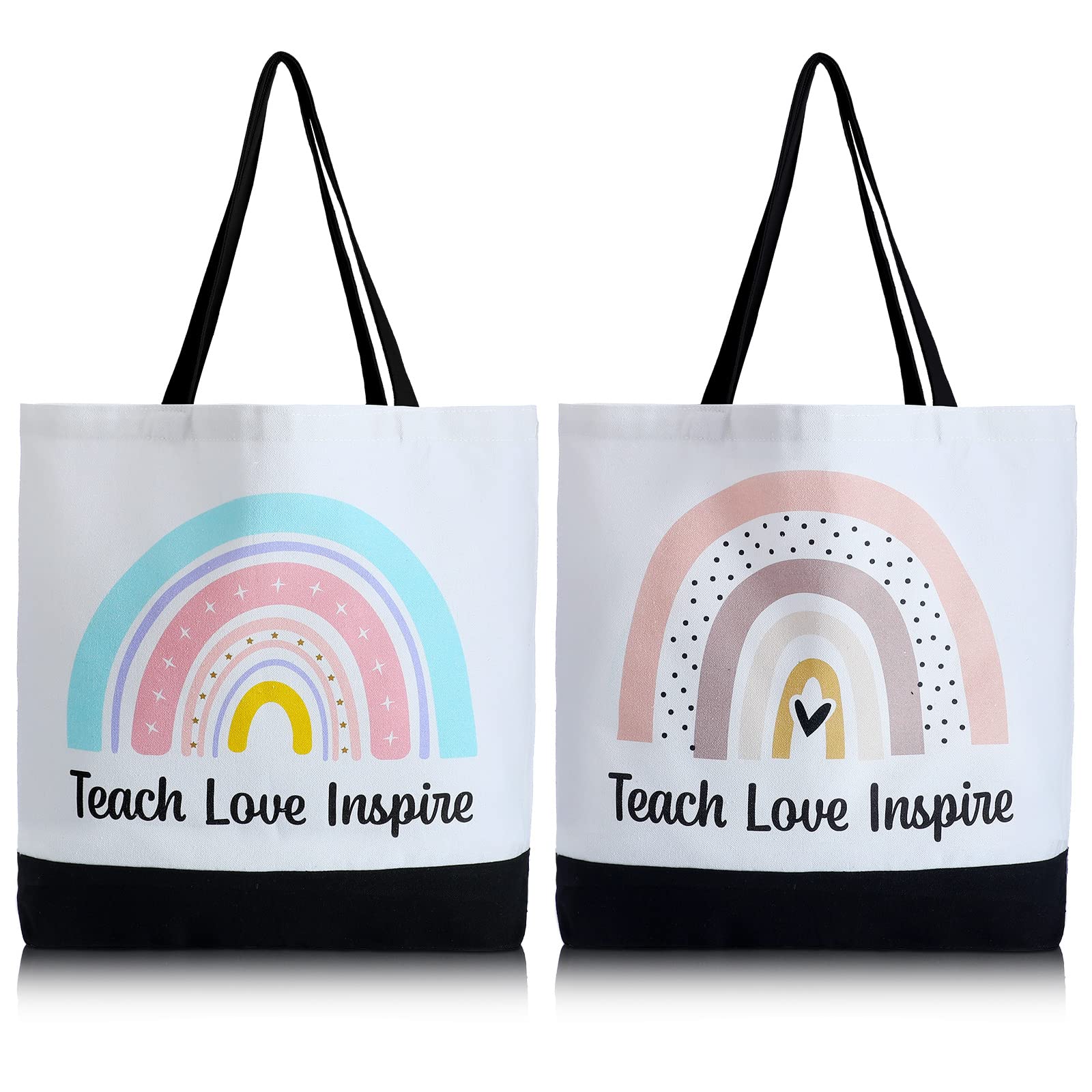 Jutom 2 Pack Teacher Tote Bags - Canvas Reusable Teacher Appreciation Gifts with Inspirational Quotes (Love, Teach, Inspire) - Rainbow Design for Women - Perfect for School, Work, Grocery Shopping & Beach Day