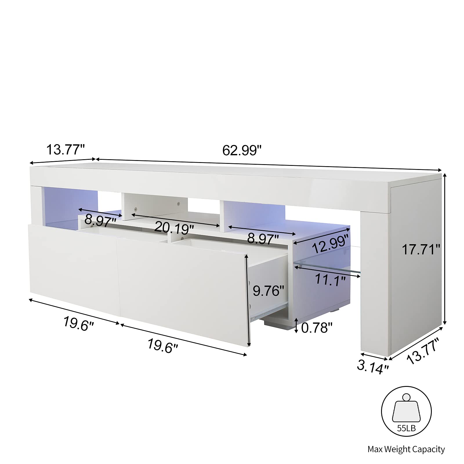 Modern White LED TV Stand for 70 Inch TVs - High Gloss Entertainment Center with 2 Storage Drawers - Large TV Cabinet for Living Room, Bedroom & Home Theater Setup