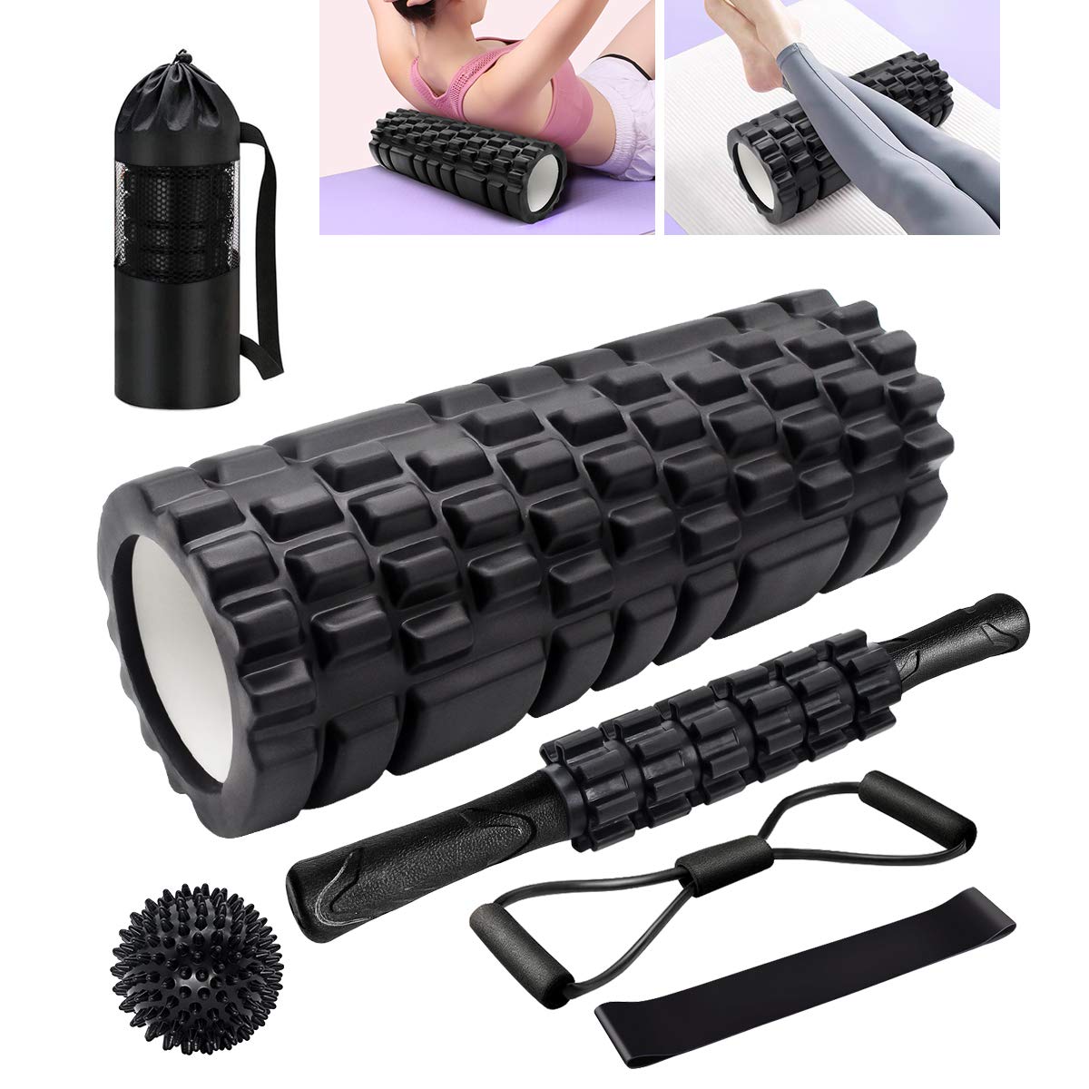 KilYn 6-in-1 Foam Roller Set for Deep Tissue Massage - Includes Muscle Roller Stick, Exercise Resistance Bands, Massage Ball, High & Low Density Foam Rollers - Perfect for Yoga, Pilates, Workout Recovery & Physical Therapy - Comes with Convenient Carry Bag (Black)