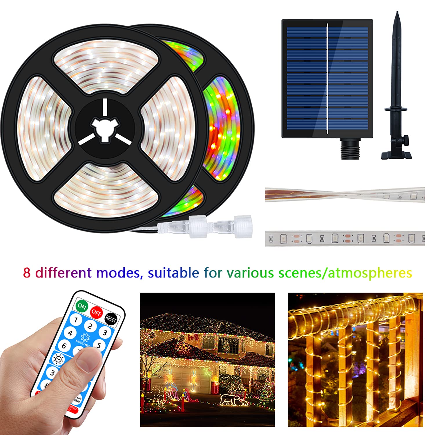 MIWATT Solar LED Strip Lights, Waterproof Outdoor String Lights with Remote & Timer, PVC Tube Cover for Bedroom, Garden, Patio, Pool, Christmas Decoration – Perfect for Parties, Weddings, and Holiday Lighting