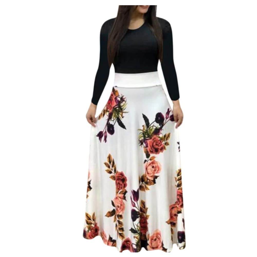 ICATHUNY Women's Floral Print Long Sleeve Maxi Dress - Loose Fit Round Neck Tunic Dress for Casual Wear, Spring & Fall Outfits, Beach Cover Up, and Boho Style Fashion