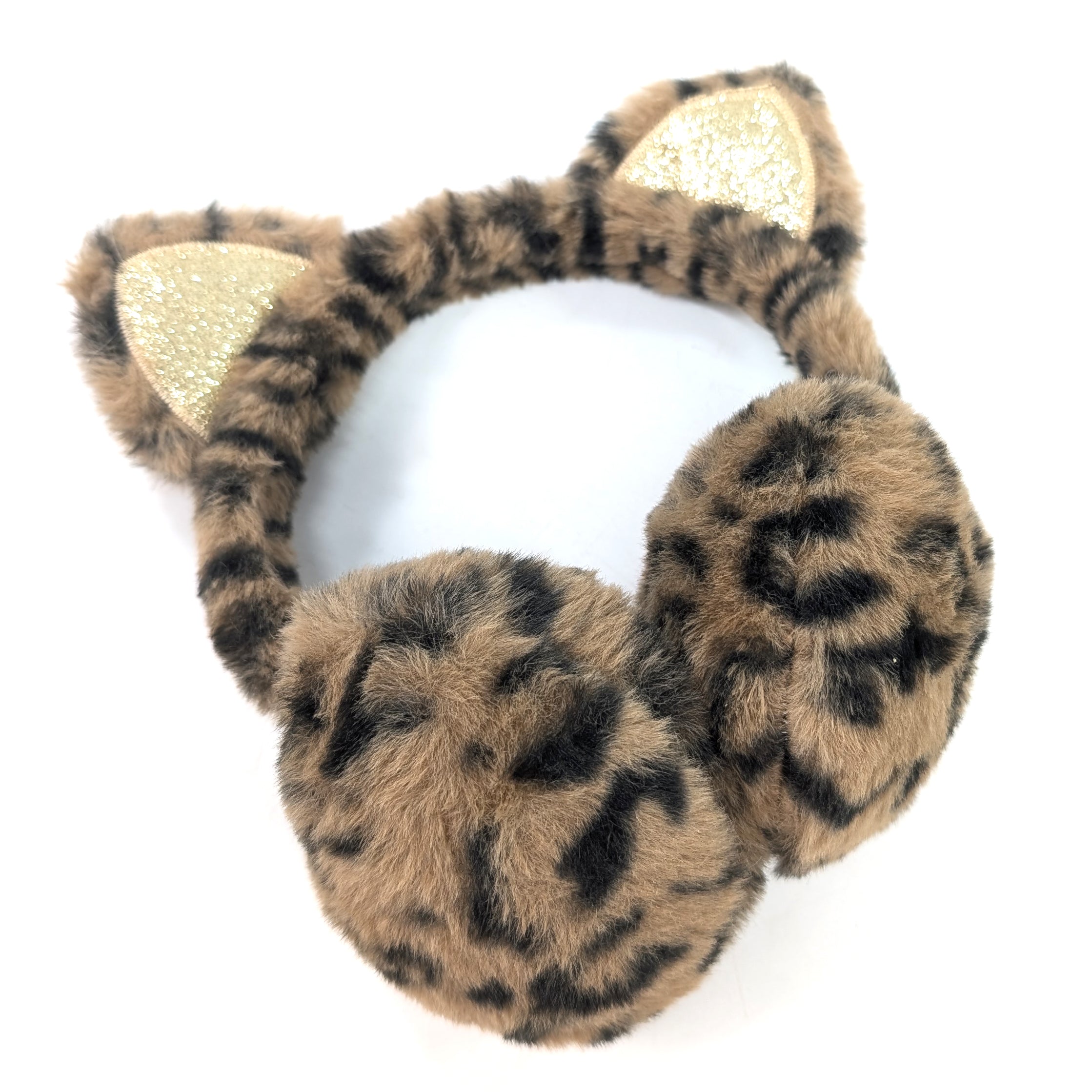 Glitter Cat Ear Headband - Brown Animal Print Earmuffs for Women, Girls - Winter Warm Fashion Accessory for Outdoor Activities, Cosplay, and Parties