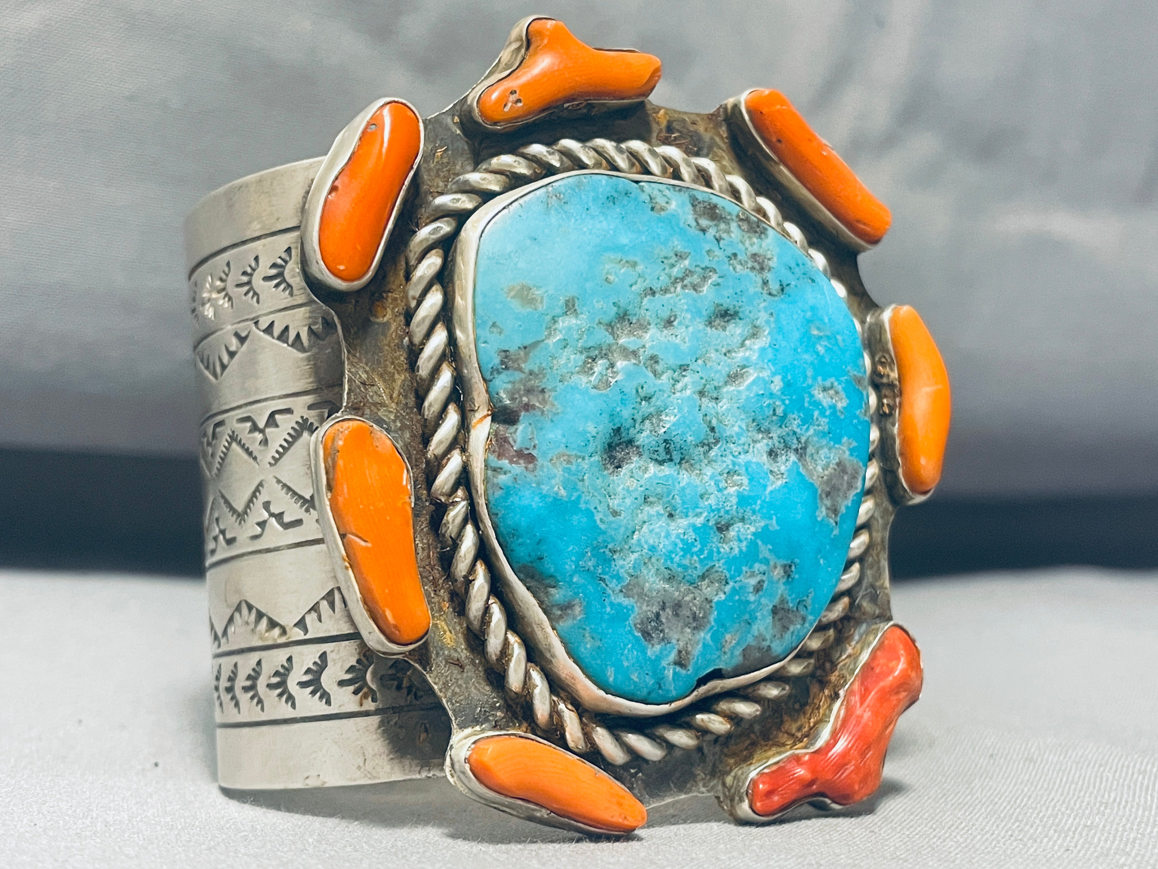 147g Genuine Native American Navajo Turquoise & Coral Sterling Silver Bracelet - Handcrafted Jewelry for Women, Boho Chic Accessory for Casual & Formal Wear
