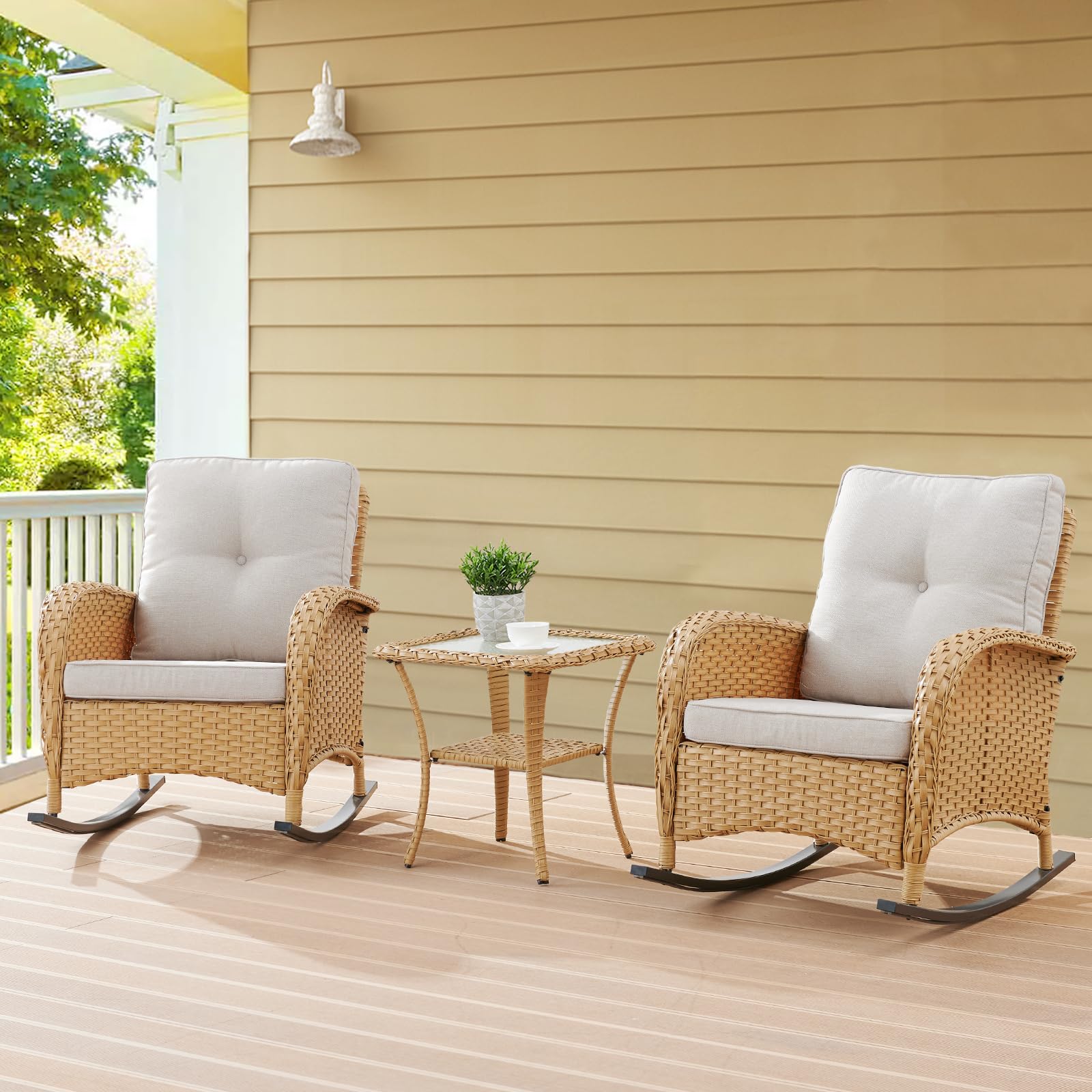 2-Piece Wicker Rocking Chair Set for Porch & Patio - Outdoor Rocking Chairs with Cushions & Side Table - Perfect for Relaxing on Your Deck, Garden or Backyard