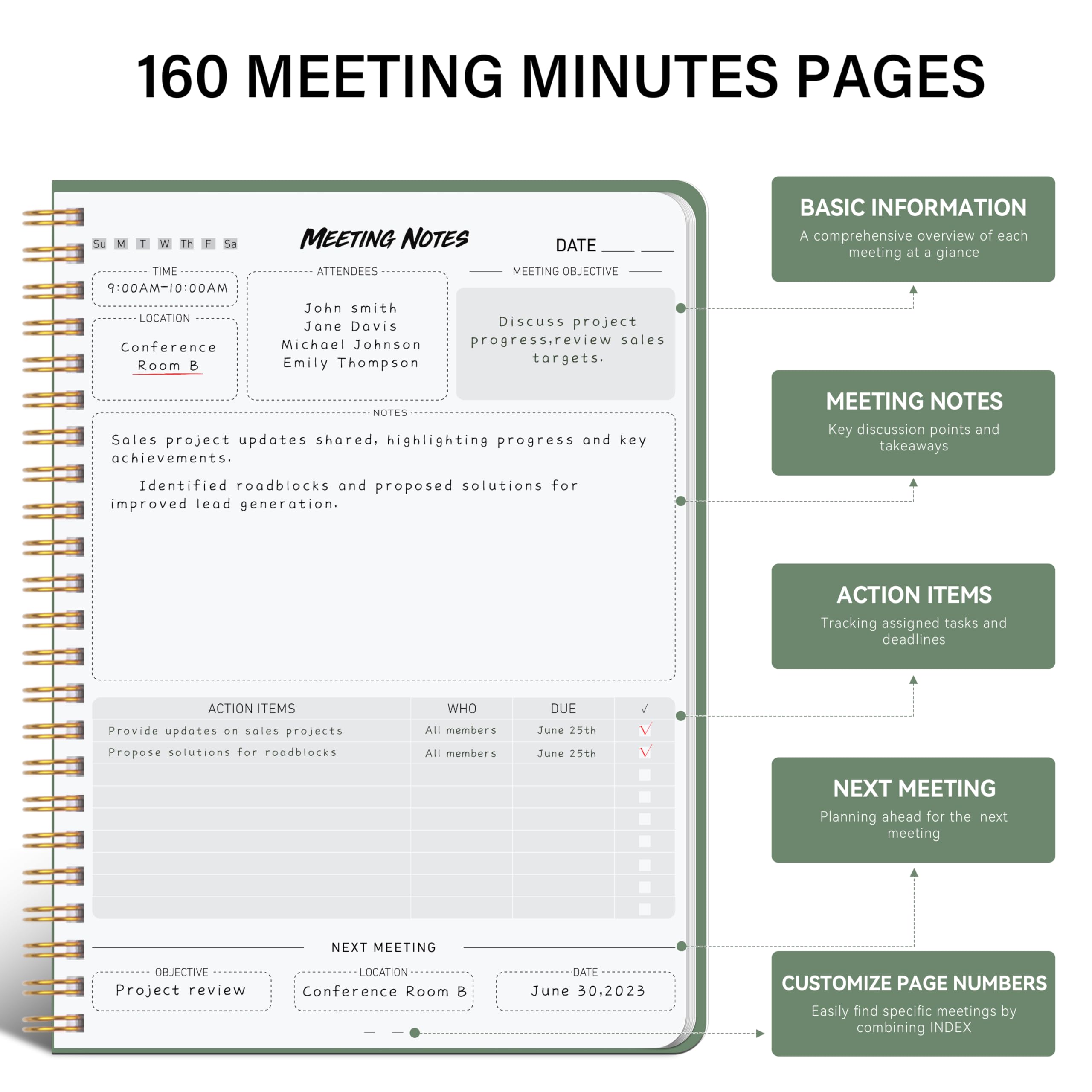 Professional Meeting Notebook for Work Organization - 160 Page Planner with Action Items, Agenda & Pocket (6.9