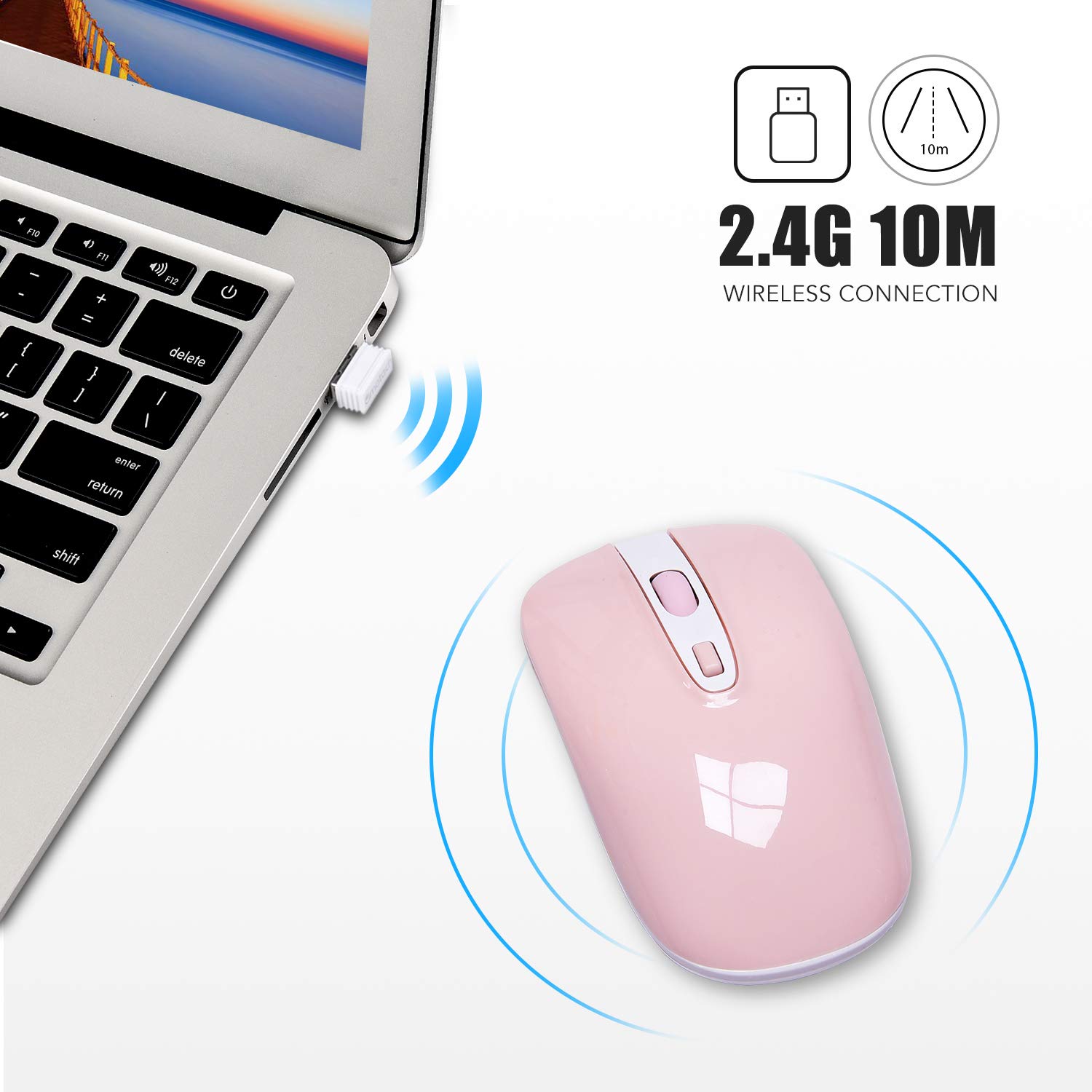 Cimetech 2.4G Wireless Mouse - Slim Ergonomic Silent Click Optical Mouse with Nano USB Receiver for Laptop, Desktop, MacBook (Bright Pink) - Perfect for Office Work, Gaming & Travel Use