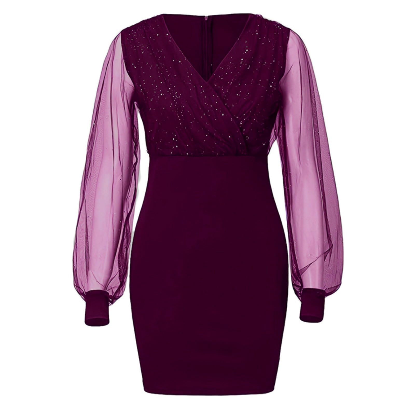 Rvidbe Women's Deep V Neck Sparkly Glitter Mini Dress - Elegant Long Sleeve Cocktail Party Dress for Spring | Perfect for Club Nights, Date Nights & Special Occasions